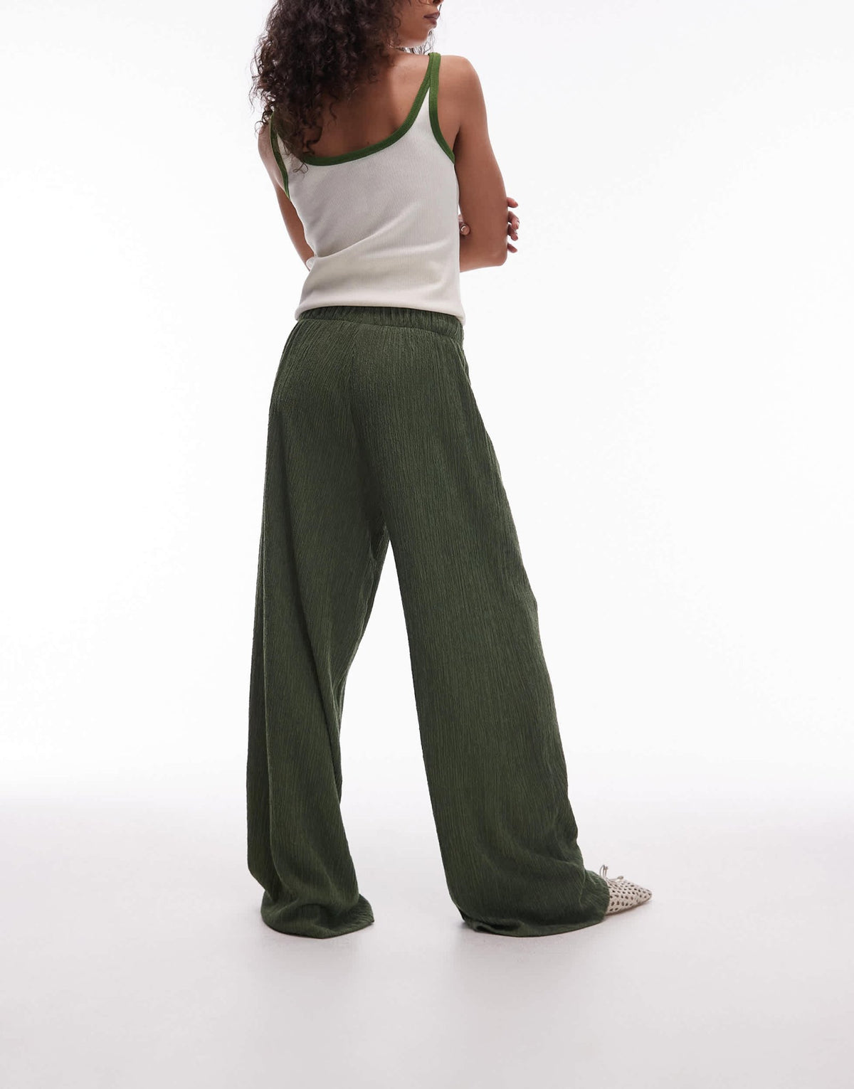 Topshop textured wide leg trousers in khaki - ASOS Sample Sale