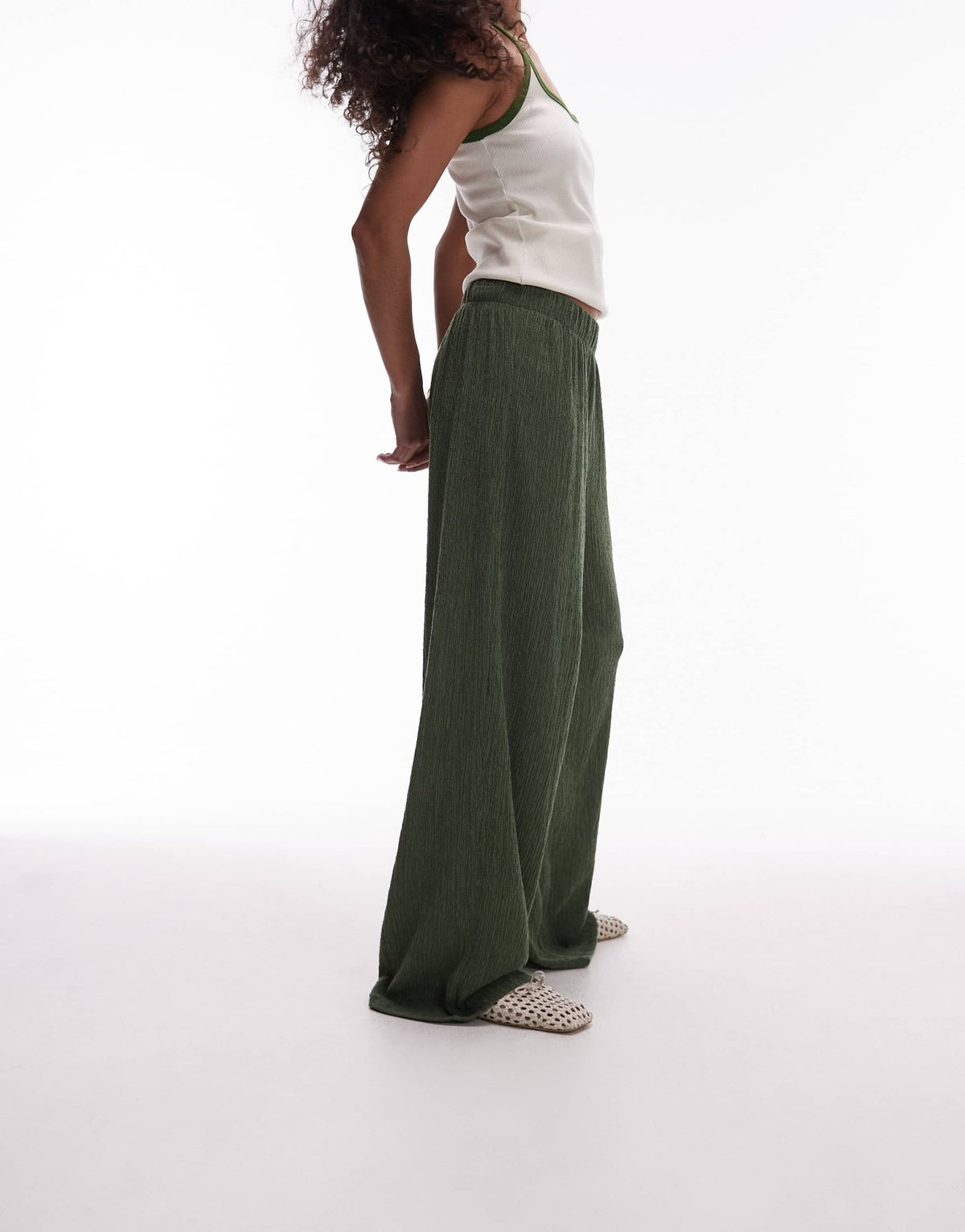 Topshop textured wide leg trousers in khaki - ASOS Sample Sale