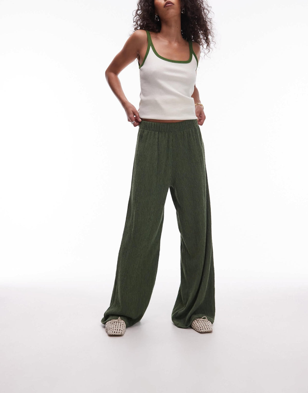 Topshop textured wide leg trousers in khaki - ASOS Sample Sale