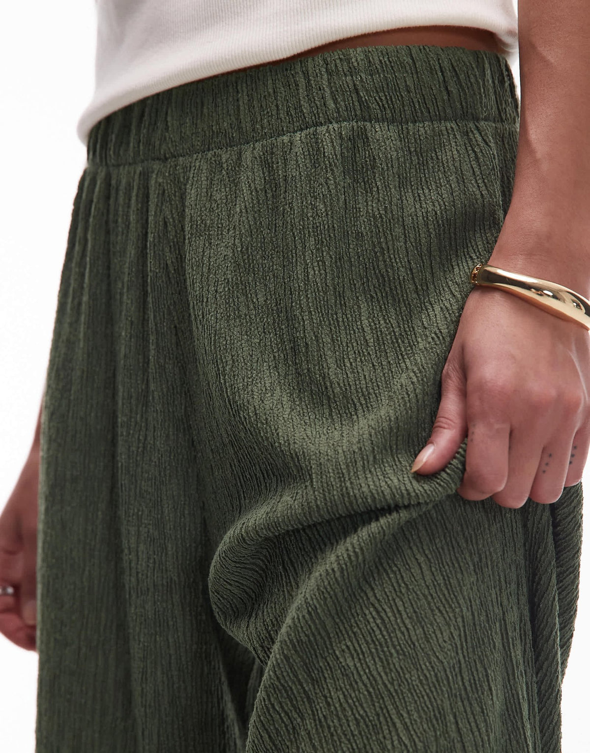Topshop textured wide leg trousers in khaki - ASOS Sample Sale