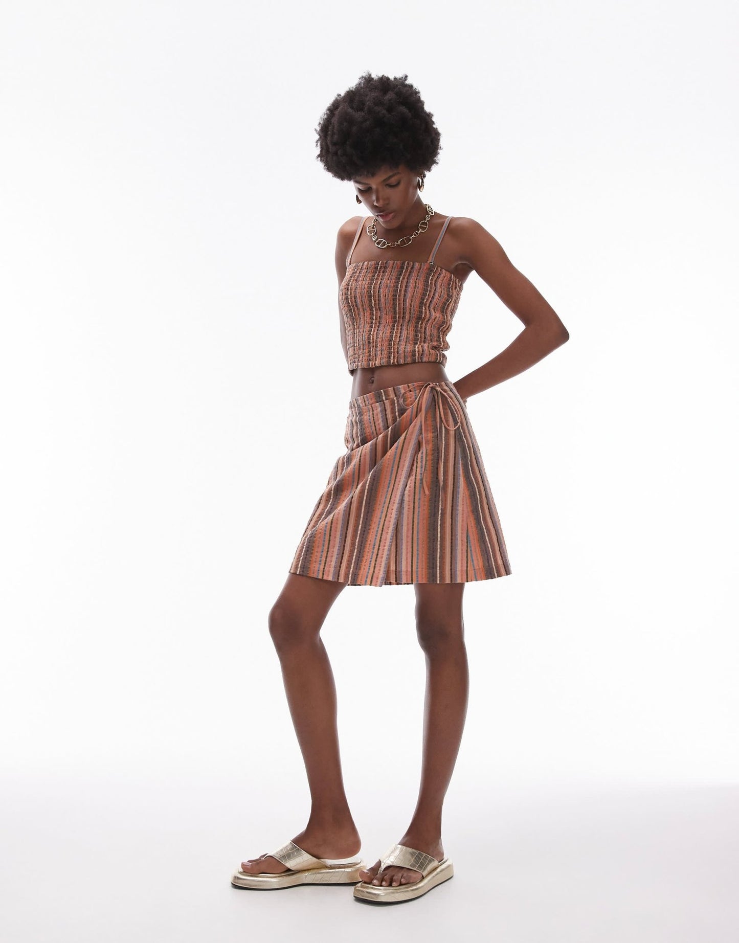 Topshop textured wrap beach skirt in brown stripe - ASOS Sample Sale