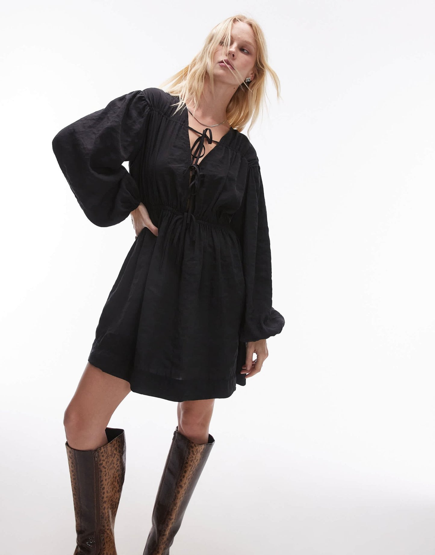 Topshop tie front long sleeve mini dress in washed black - ASOS Sample Sale
