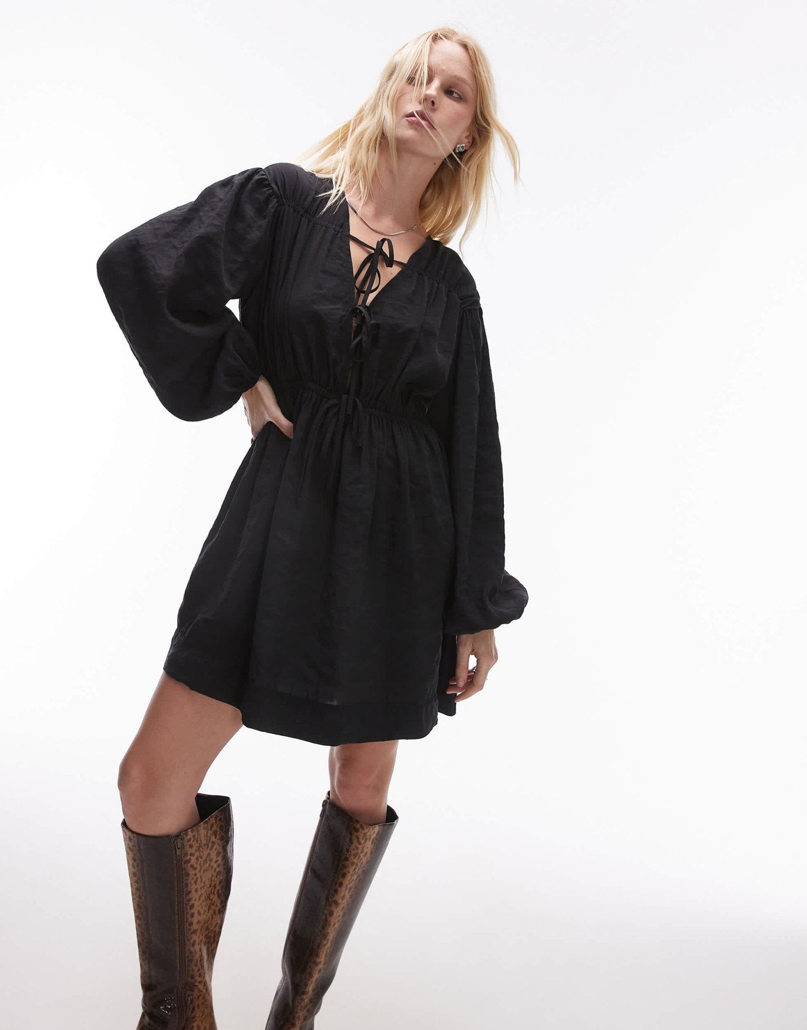 Topshop tie front long sleeve mini dress in washed black - ASOS Sample Sale