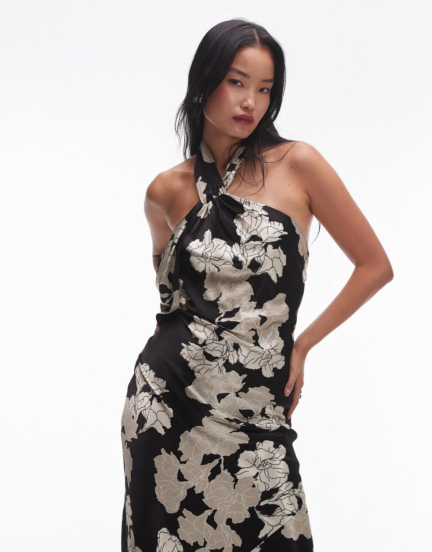 Topshop tie neck halter in black ivory floral - ASOS Sample Sale