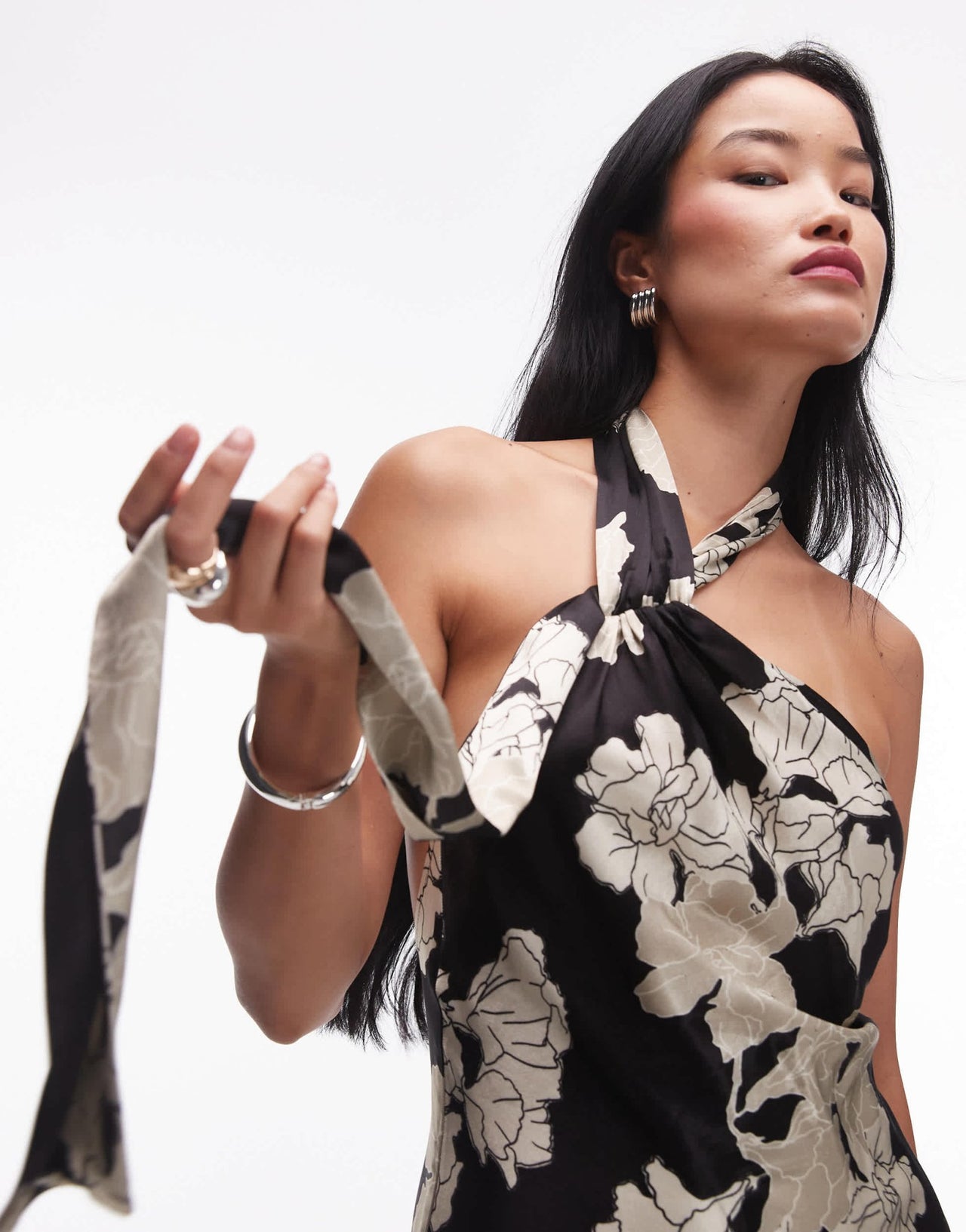 Topshop tie neck halter in black ivory floral - ASOS Sample Sale