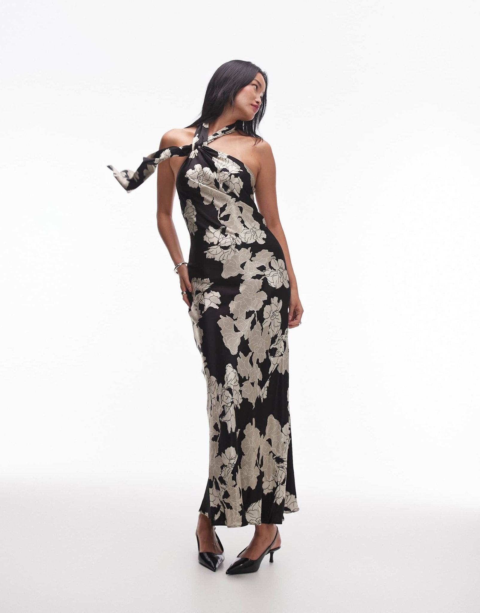 Topshop tie neck halter in black ivory floral - ASOS Sample Sale