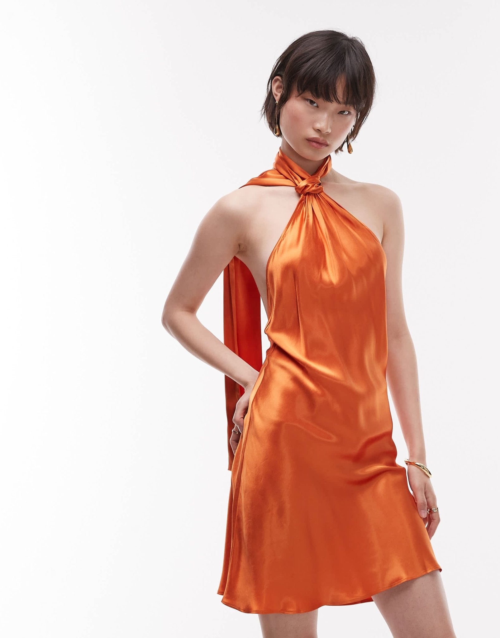 Topshop tie neck halter mini dress satin in rust - ASOS Sample Sale