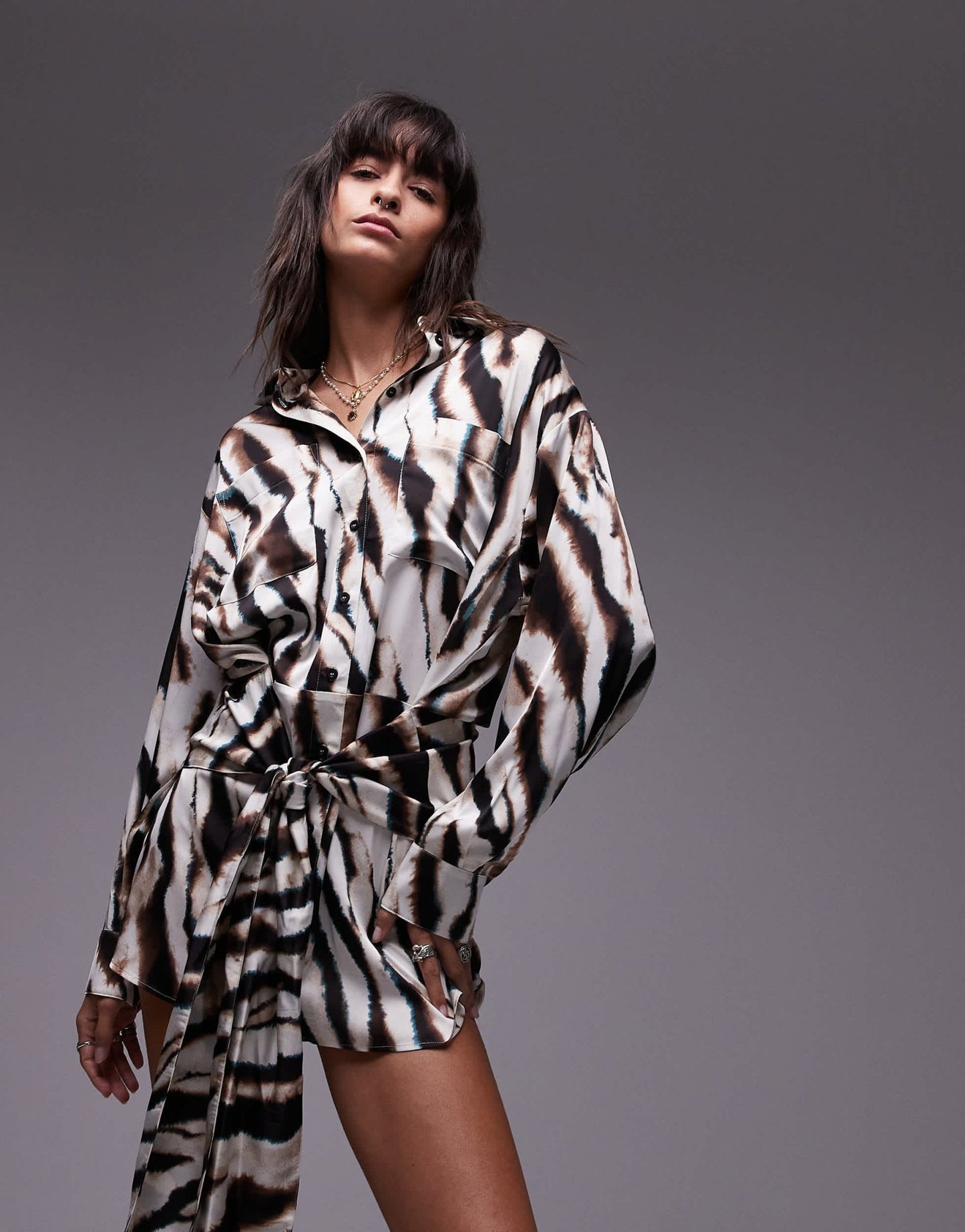 Topshop tie waist mini shirt dress in blurred animal - ASOS Sample Sale
