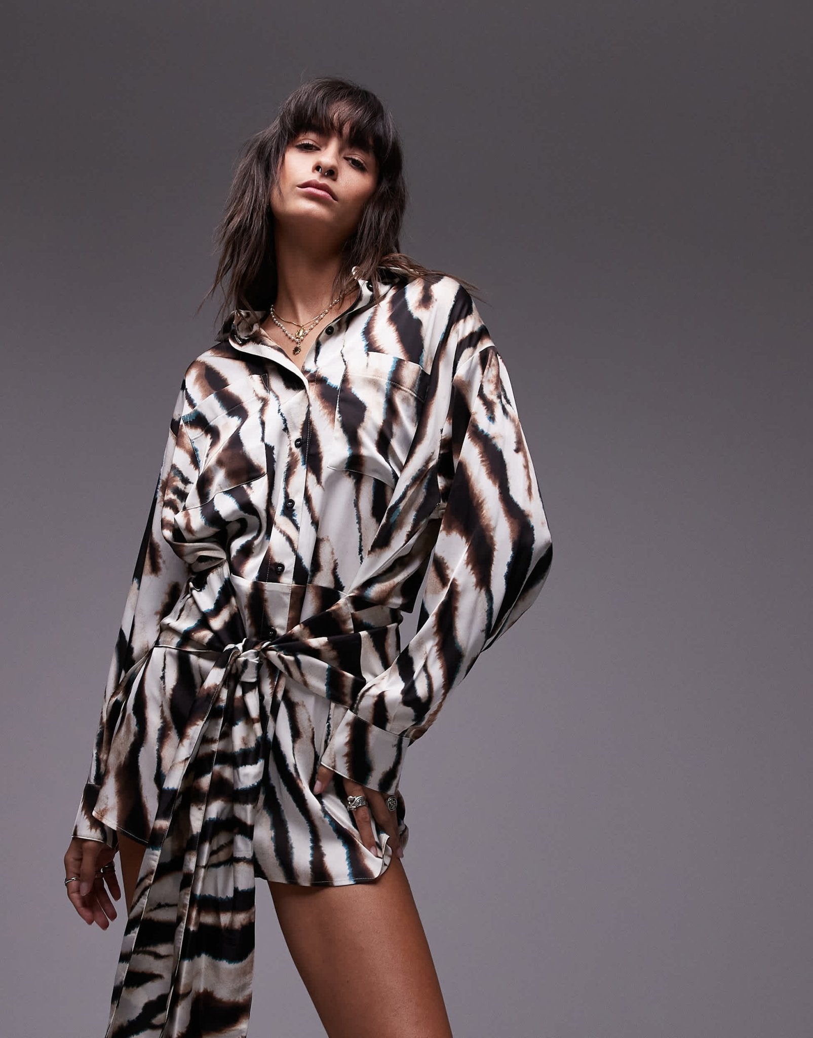 Topshop tie waist mini shirt dress in blurred animal - ASOS Sample Sale
