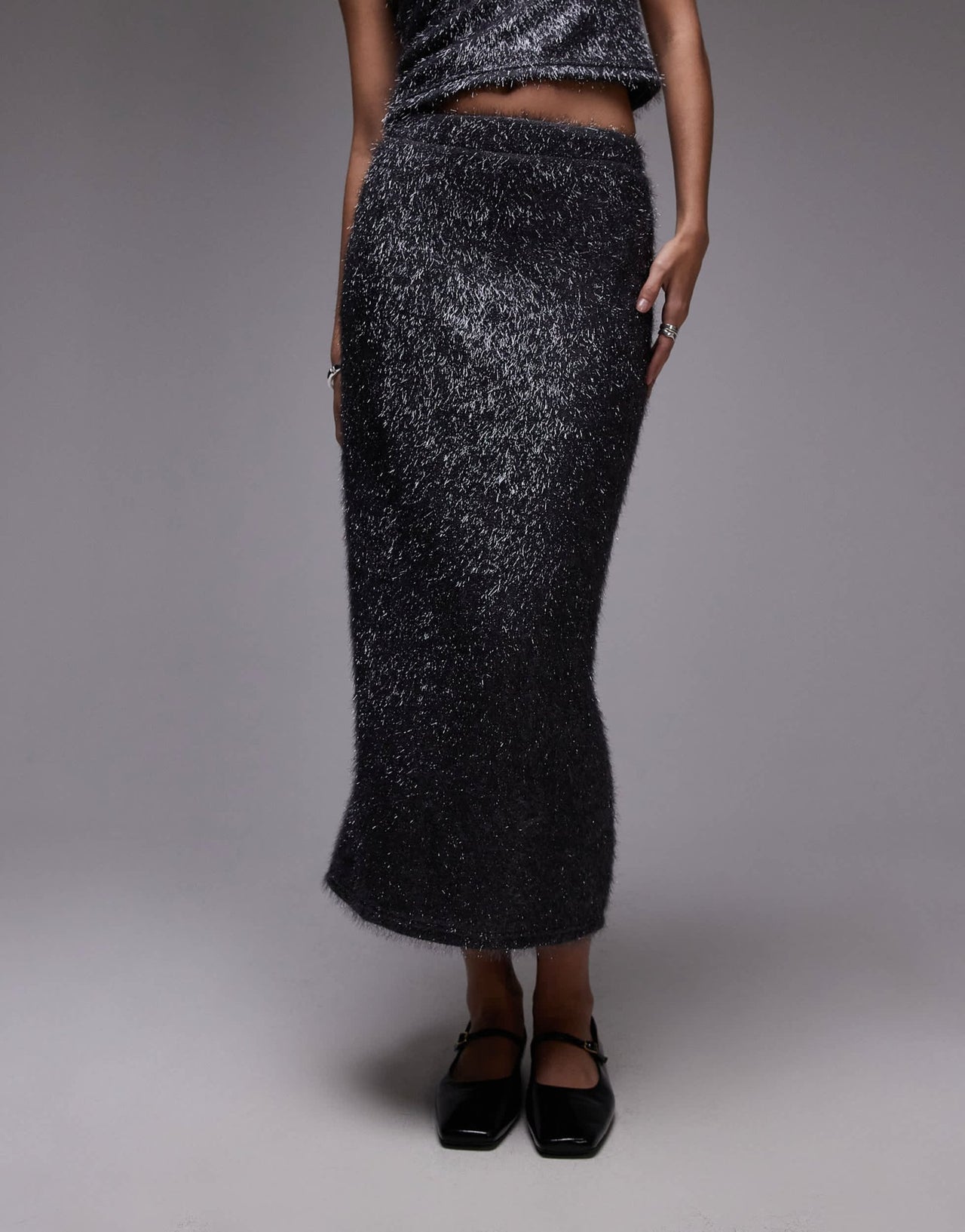 Topshop tinsel midi skirt in gunmetal - ASOS Sample Sale