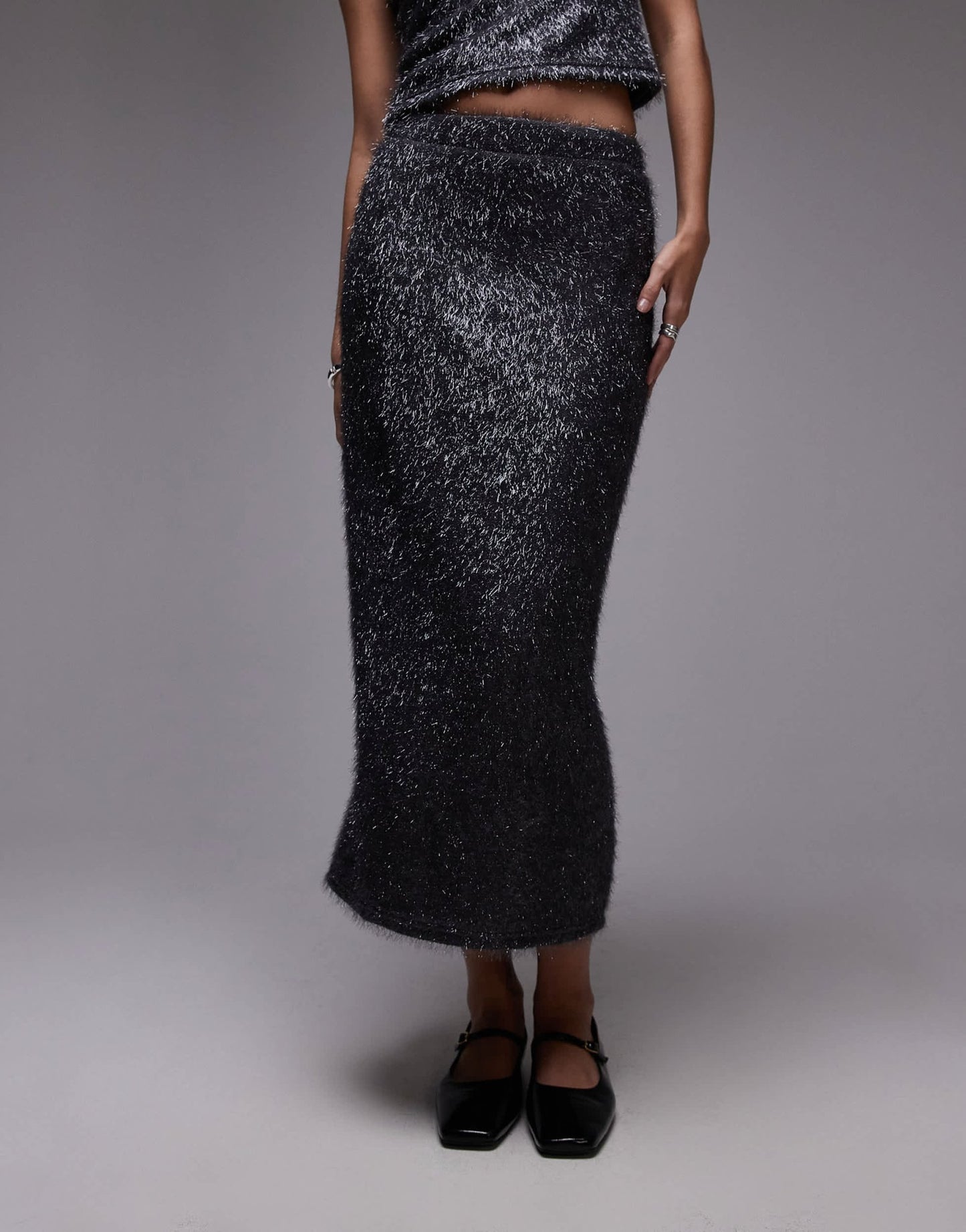 Topshop tinsel midi skirt in gunmetal - ASOS Sample Sale