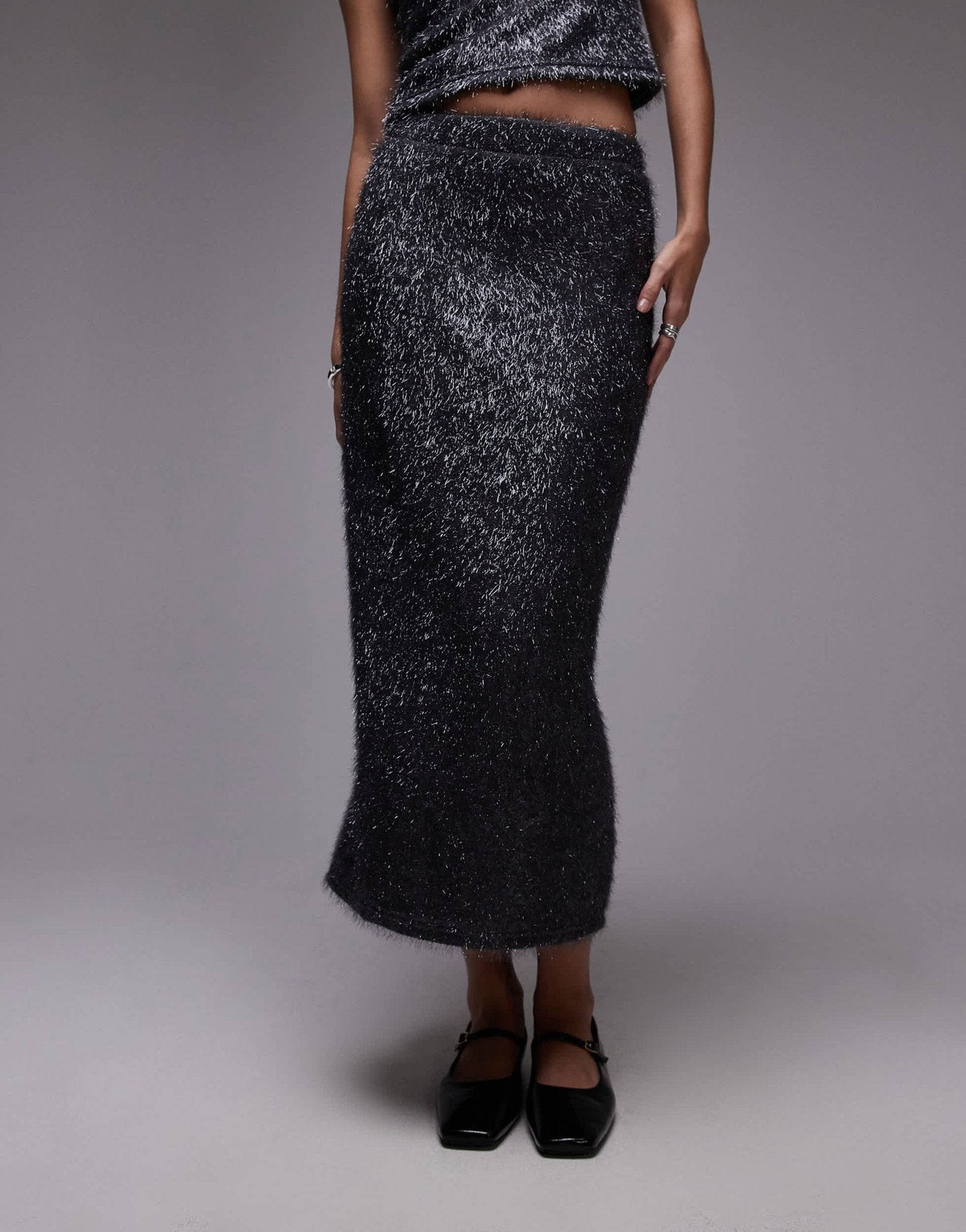 Topshop tinsel midi skirt in gunmetal - ASOS Sample Sale