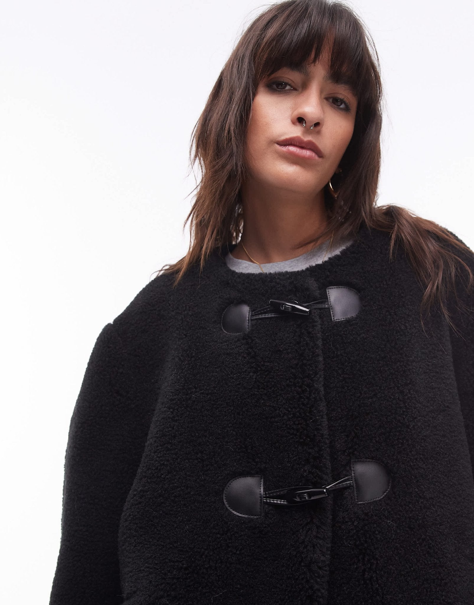 Topshop toggle short collarless borg coat in black - ASOS Sample Sale