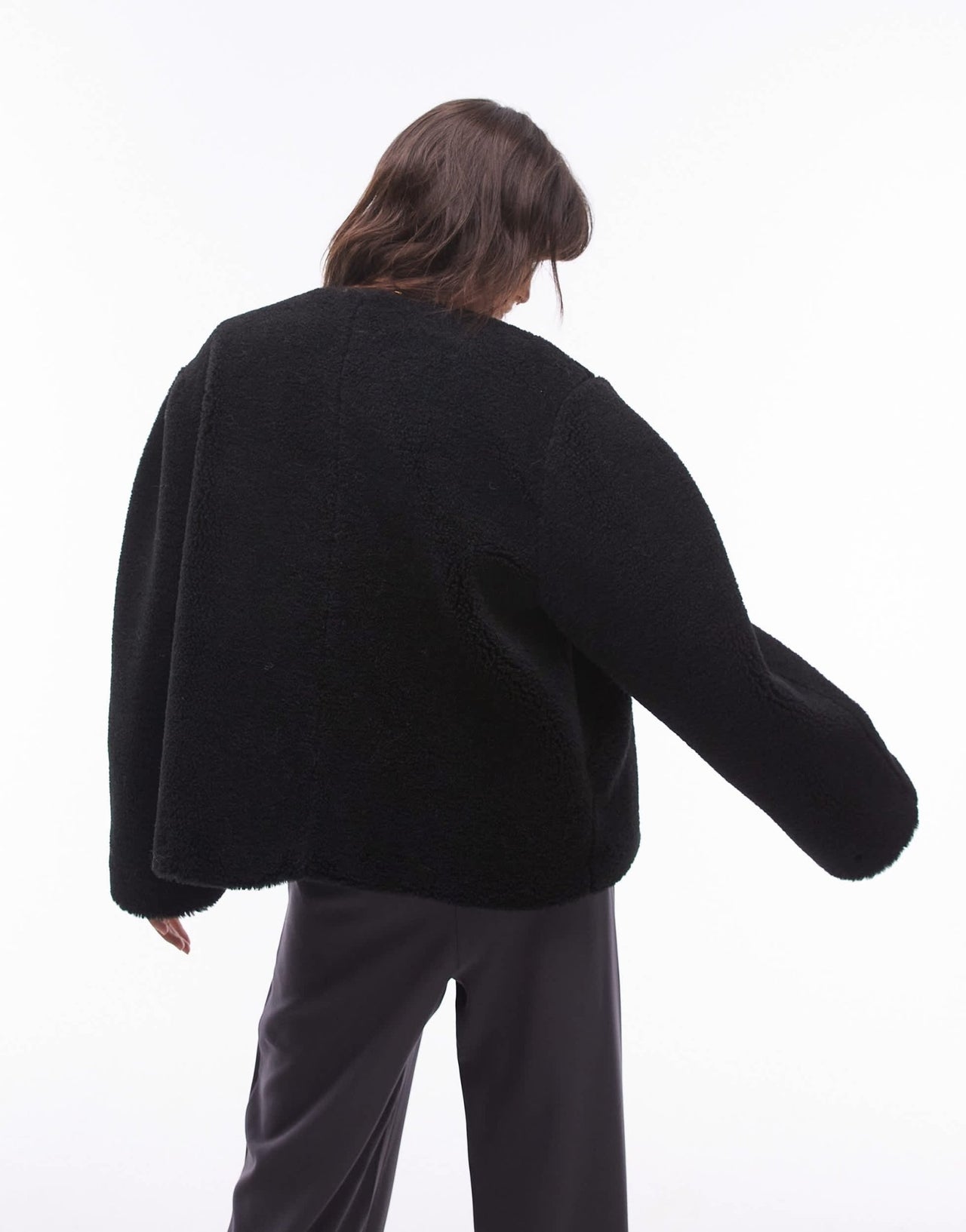 Topshop toggle short collarless borg coat in black - ASOS Sample Sale