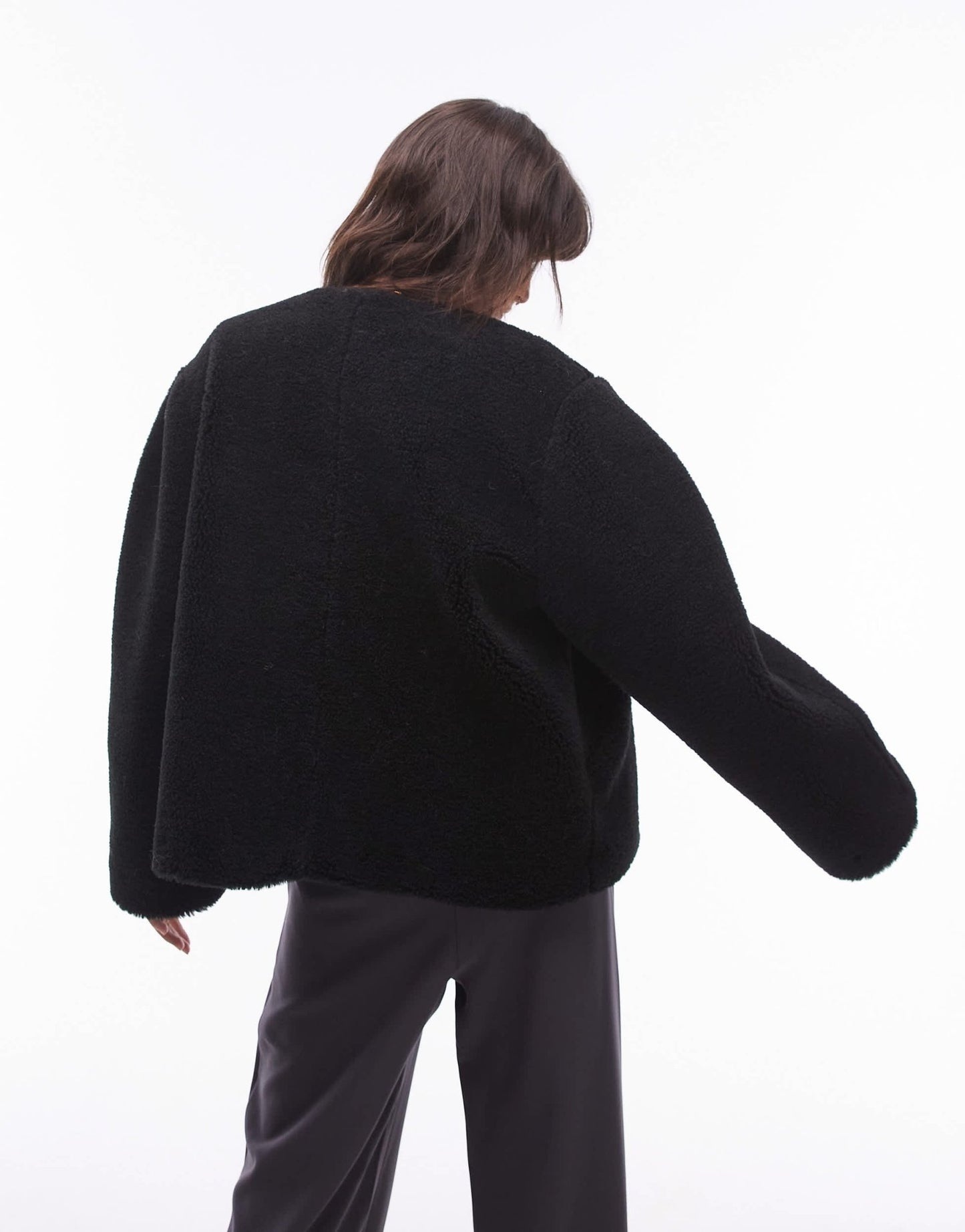 Topshop toggle short collarless borg coat in black - ASOS Sample Sale