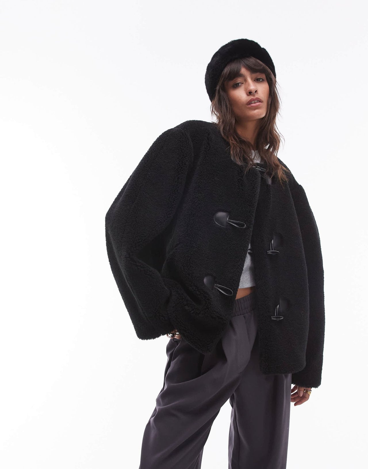 Topshop toggle short collarless borg coat in black - ASOS Sample Sale