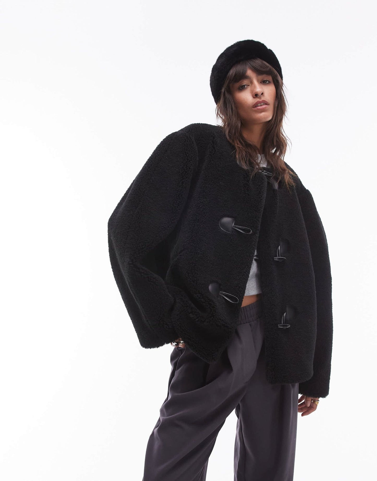 Topshop toggle short collarless borg coat in black - ASOS Sample Sale