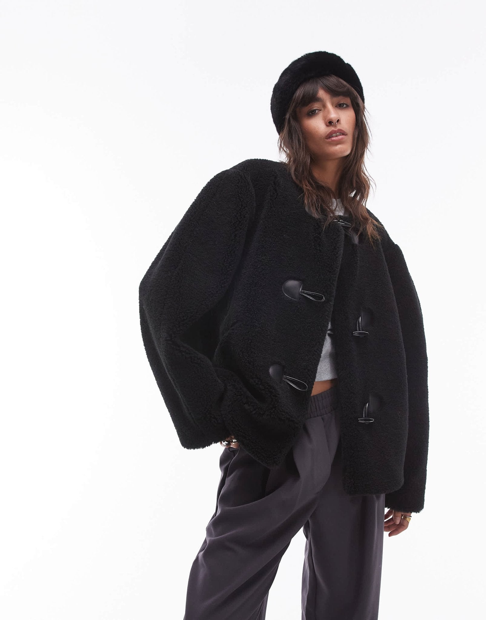 Topshop toggle short collarless borg coat in black - ASOS Sample Sale