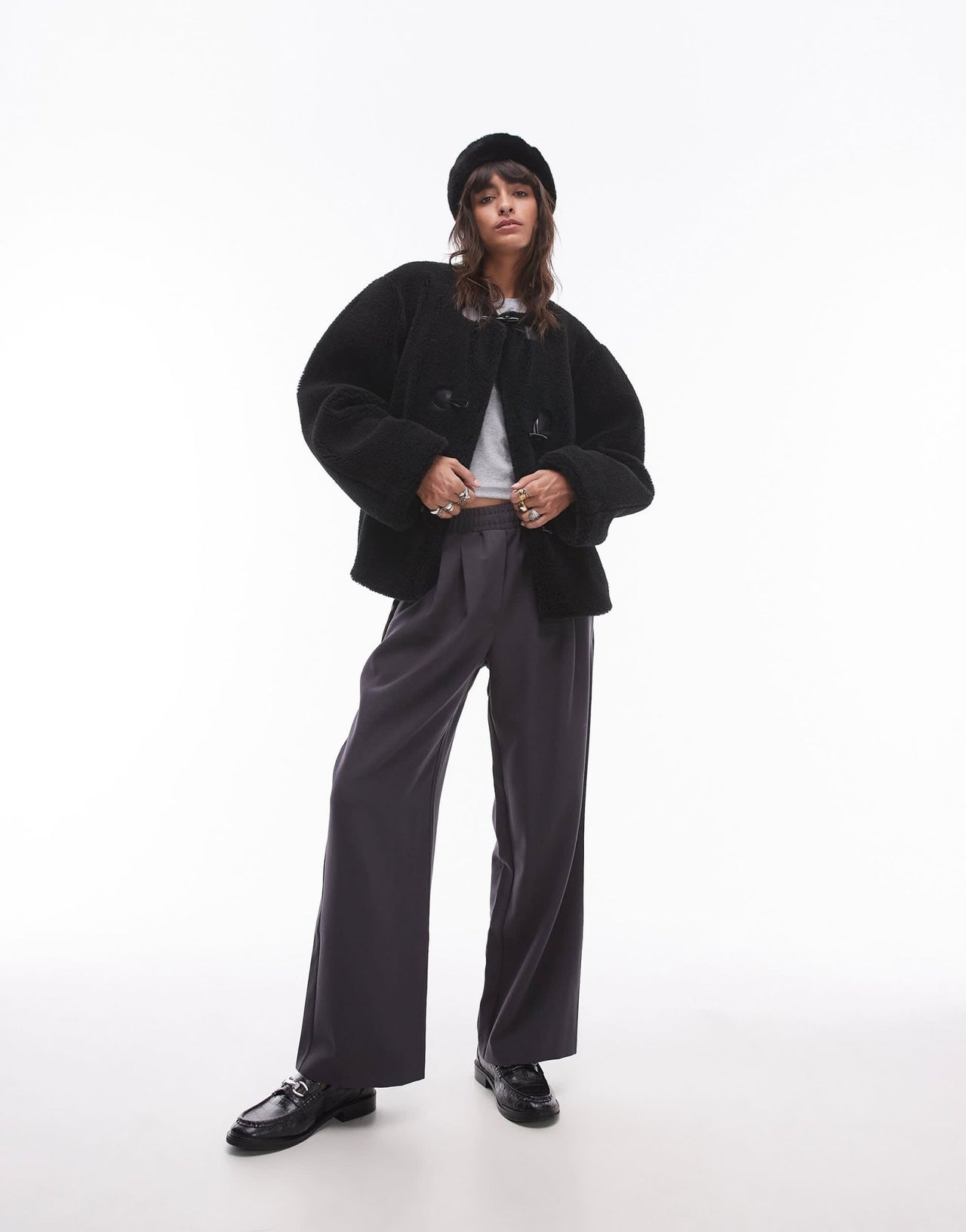 Topshop toggle short collarless borg coat in black - ASOS Sample Sale