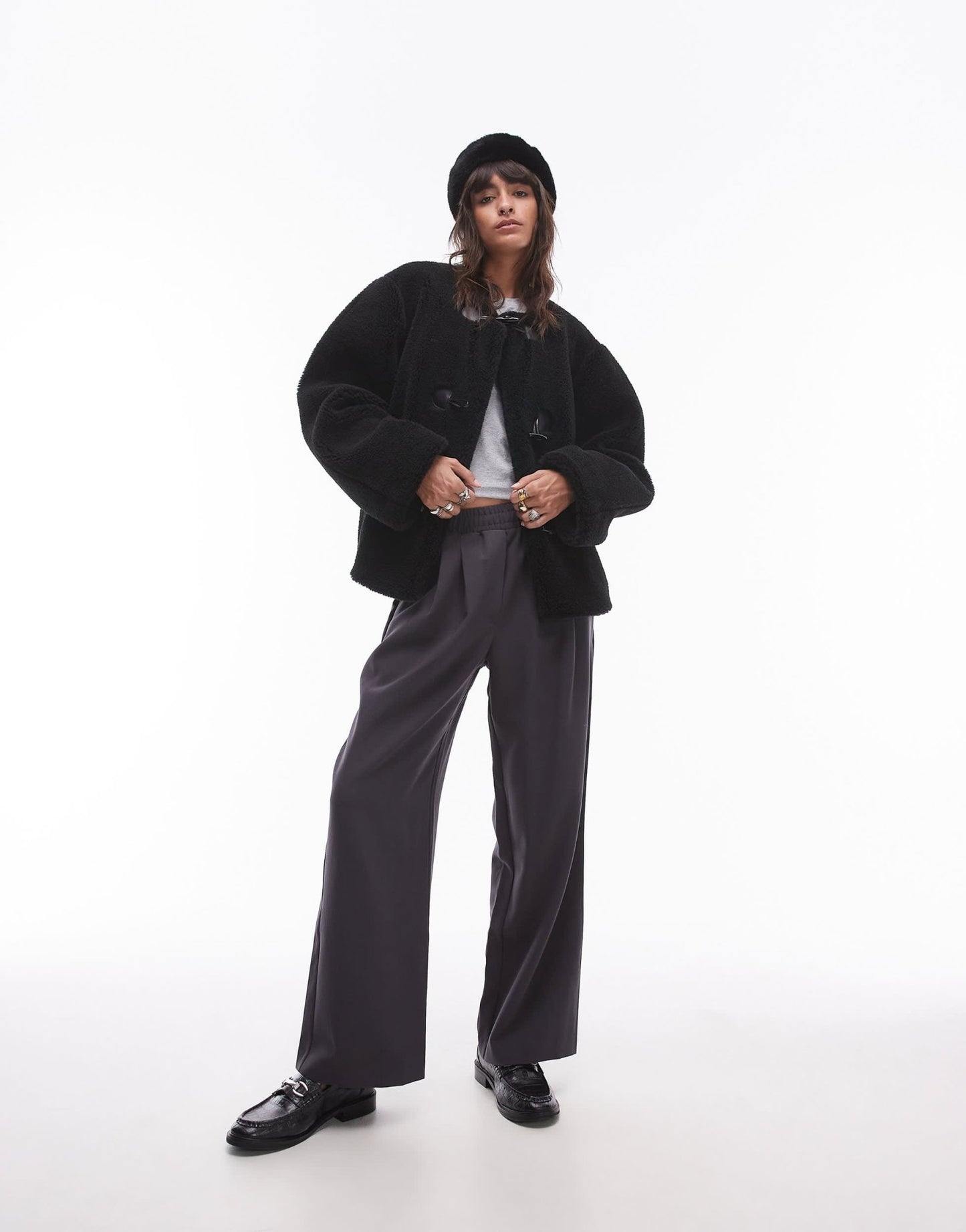 Topshop toggle short collarless borg coat in black - ASOS Sample Sale