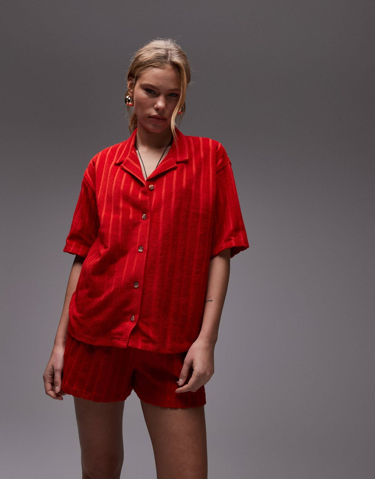 Topshop towelling boxy shirt co-ord in red - ASOS Sample Sale