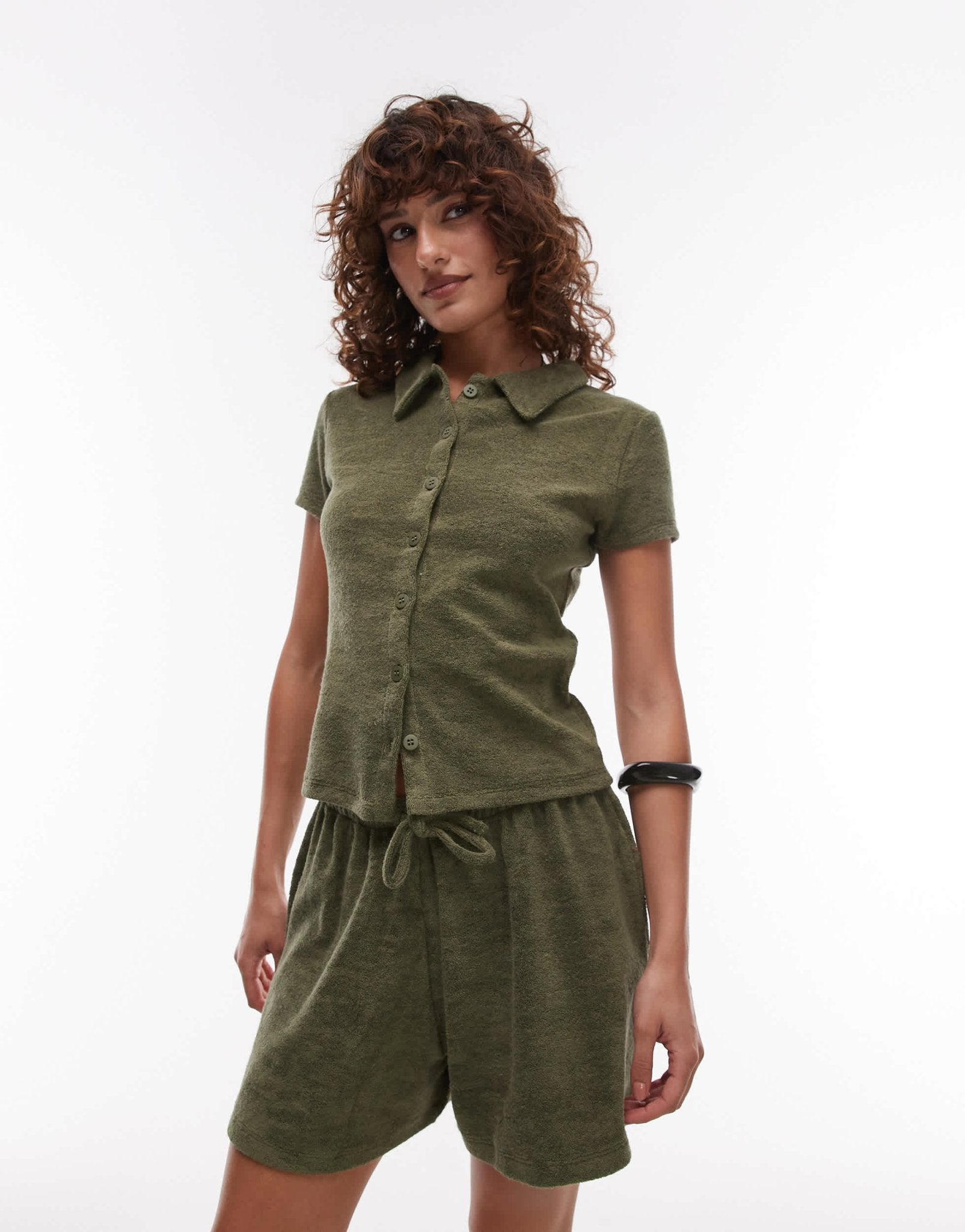 Topshop towelling button through shirt in khaki - ASOS Sample Sale