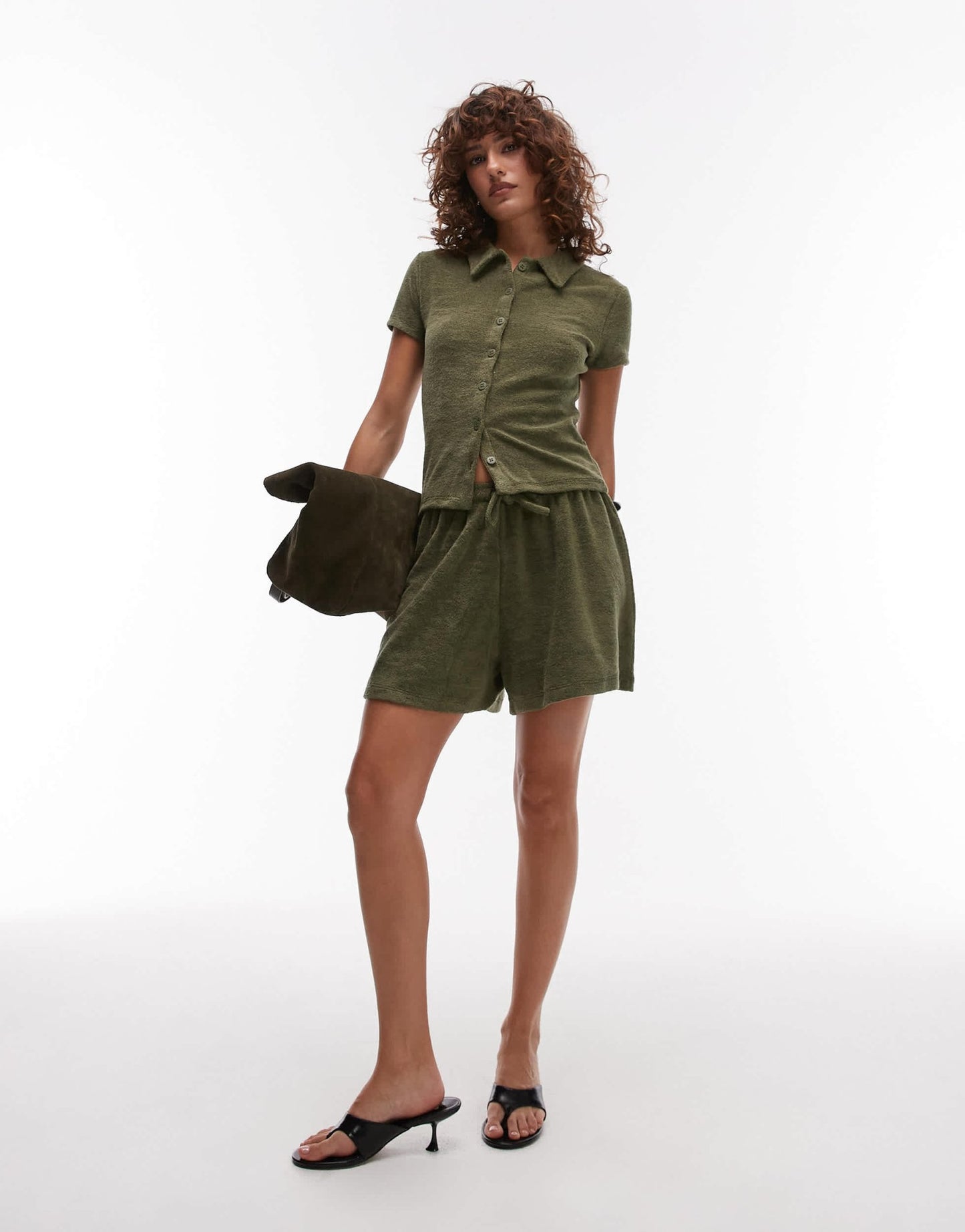 Topshop towelling button through shirt in khaki - ASOS Sample Sale