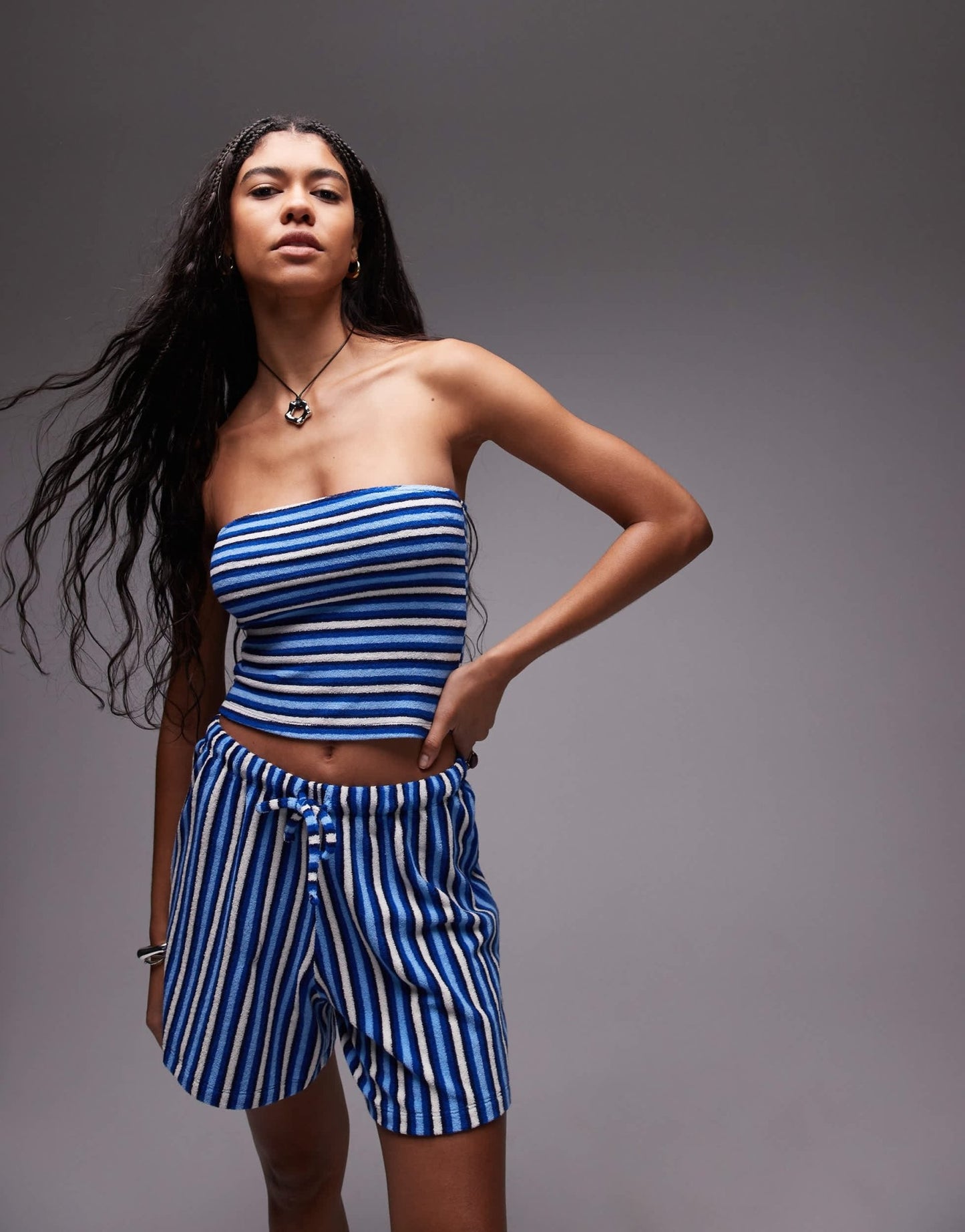 Topshop towelling stripe bandeau co-ord in blue - ASOS Sample Sale