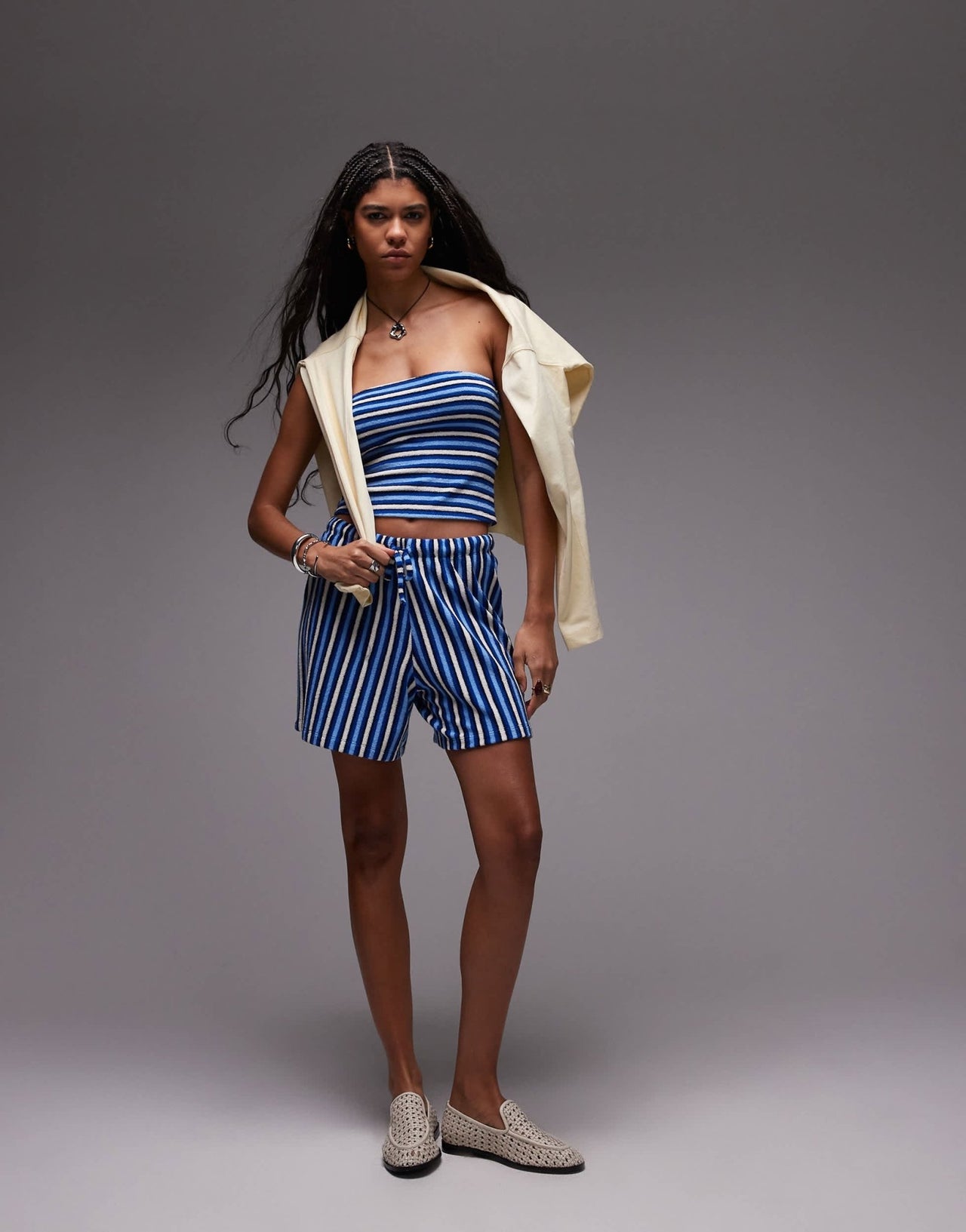Topshop towelling stripe bandeau co-ord in blue - ASOS Sample Sale
