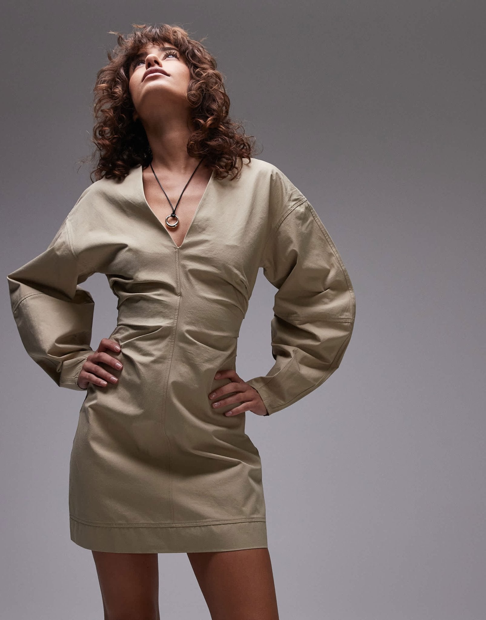 Topshop twill cinch barrel sleeve mini dress in khaki - ASOS Sample Sale