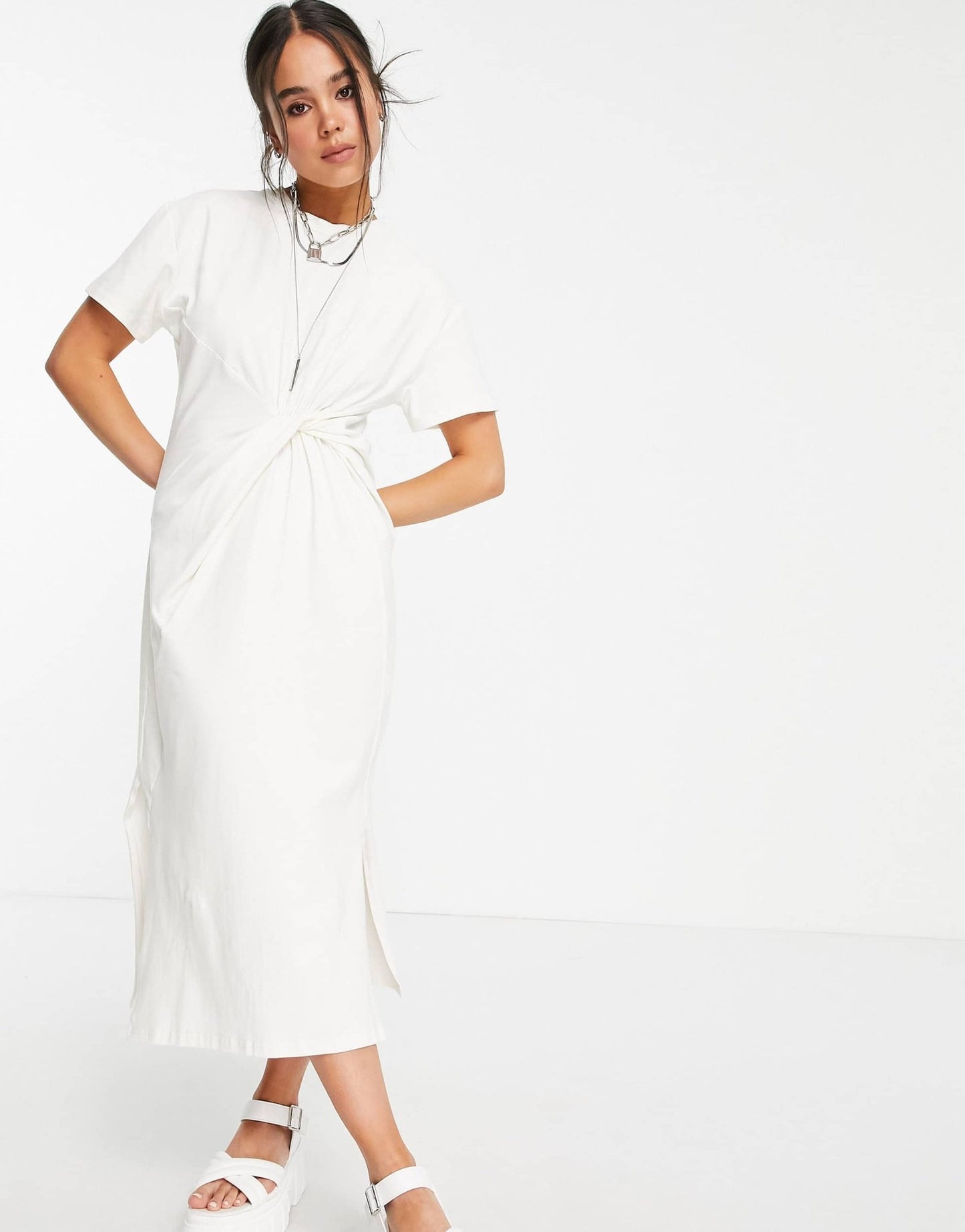 Topshop twist front midi t-shirt dress in white - ASOS Sample Sale