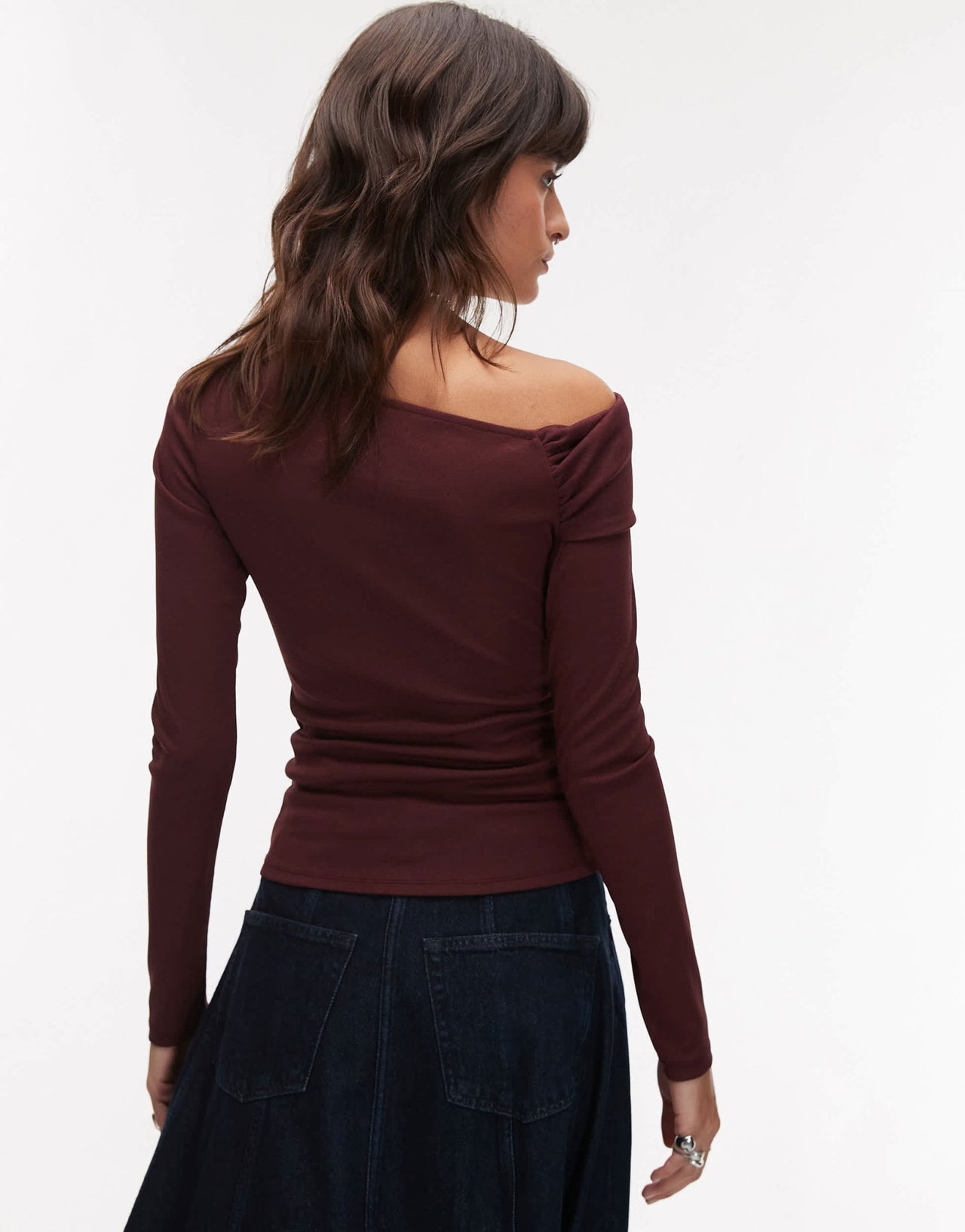 Topshop twist off shoulder top in burgundy - ASOS Sample Sale