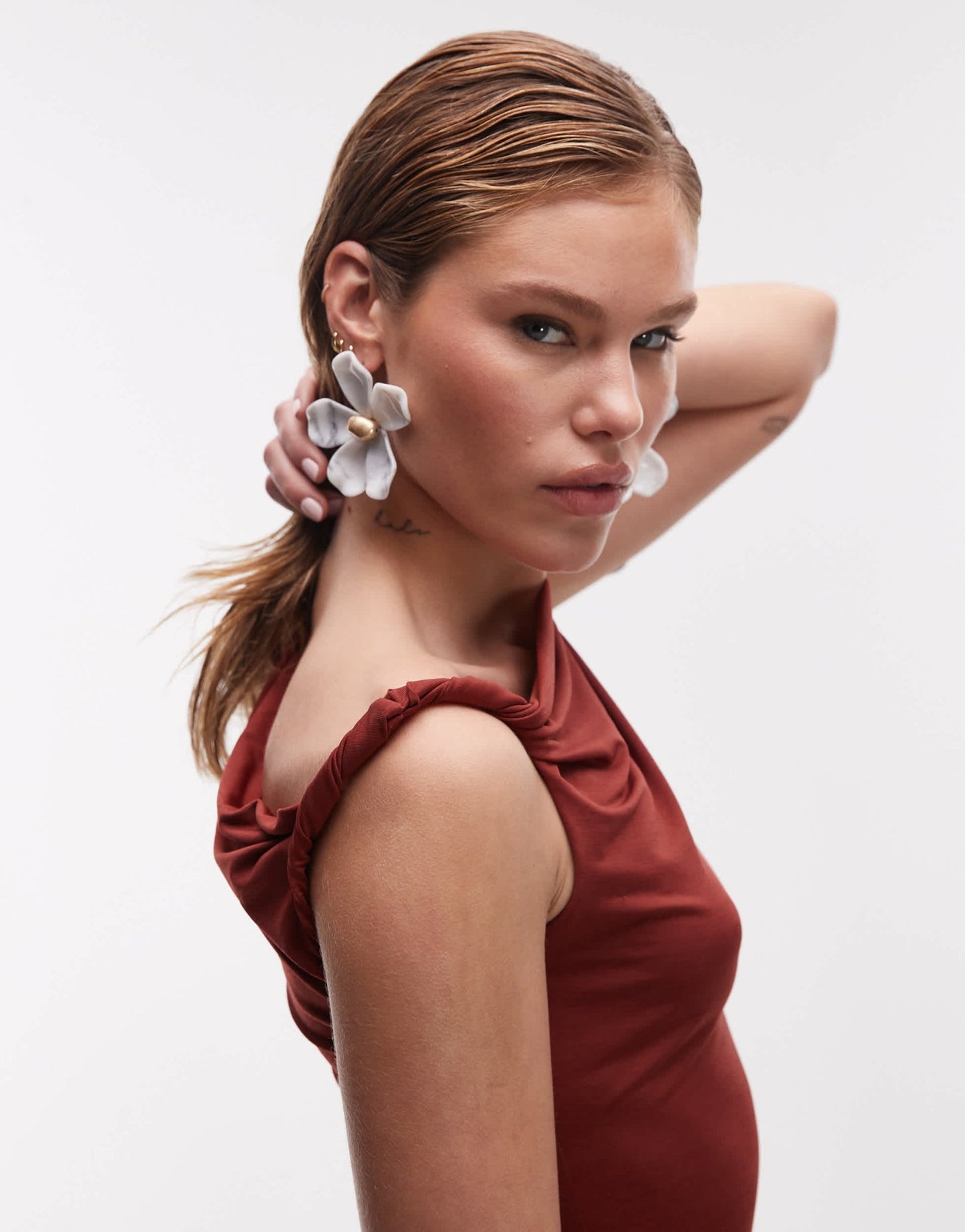 Topshop twist one shoulder top in rust red - ASOS Sample Sale