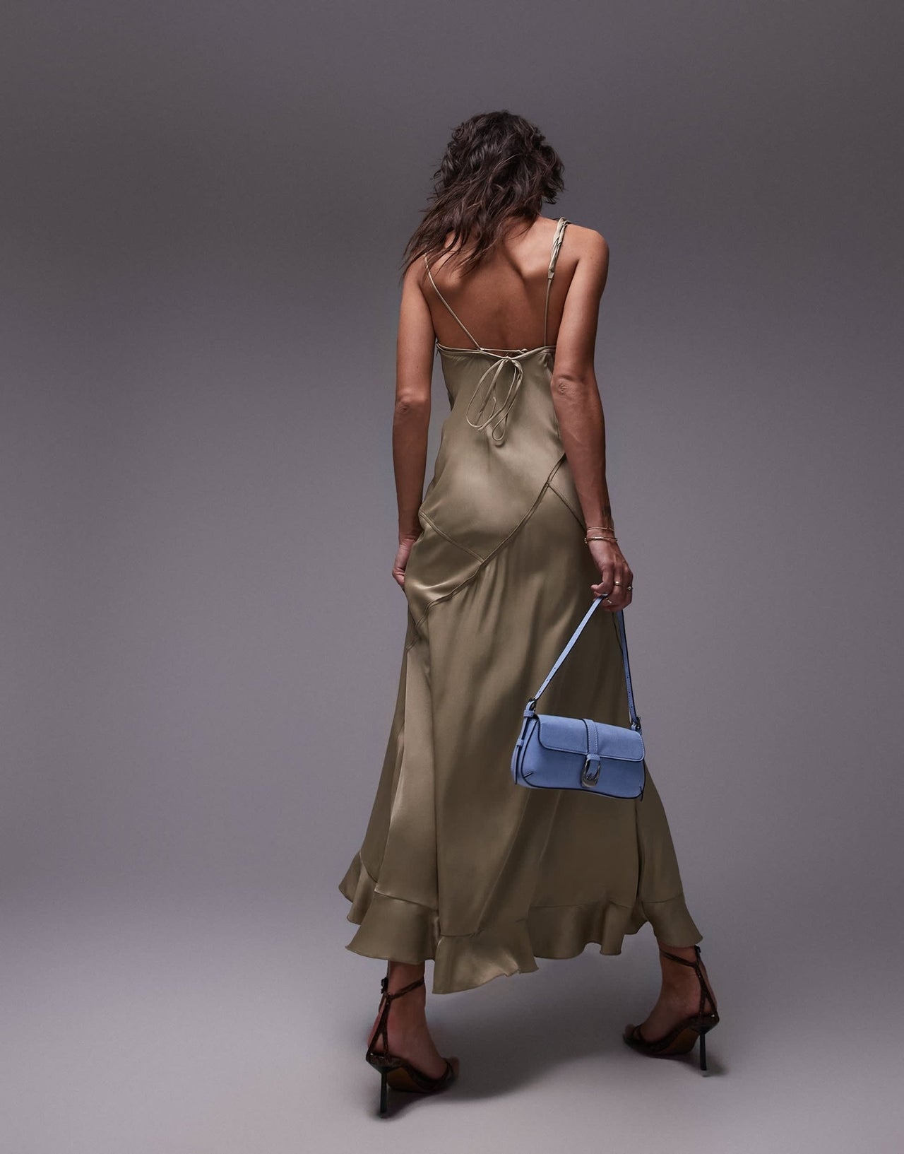 Topshop twist shoulder exposed seam midi slip dress in soft gold satin - ASOS Sample Sale