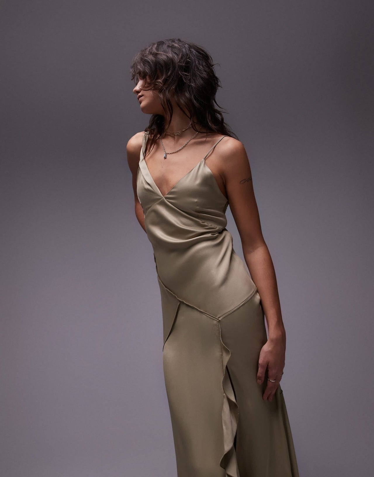 Topshop twist shoulder exposed seam midi slip dress in soft gold satin - ASOS Sample Sale
