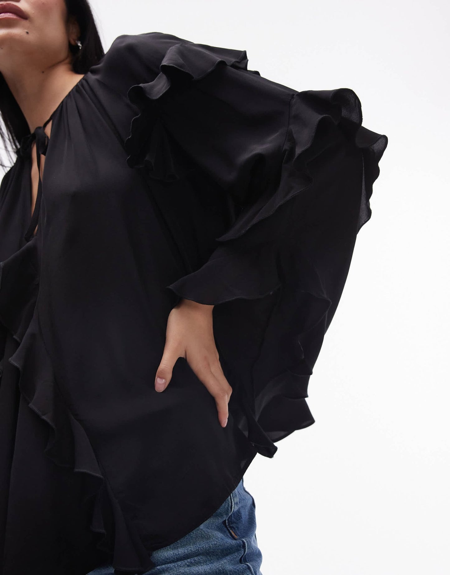 Topshop ultra femme frill top in black - ASOS Sample Sale