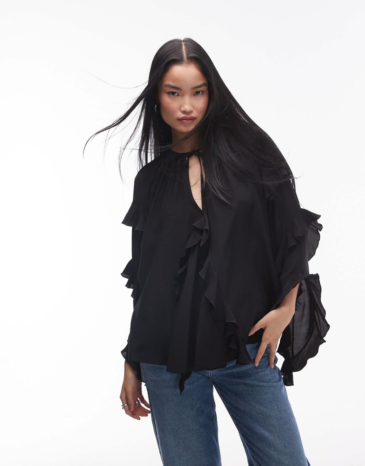 Topshop ultra femme frill top in black - ASOS Sample Sale