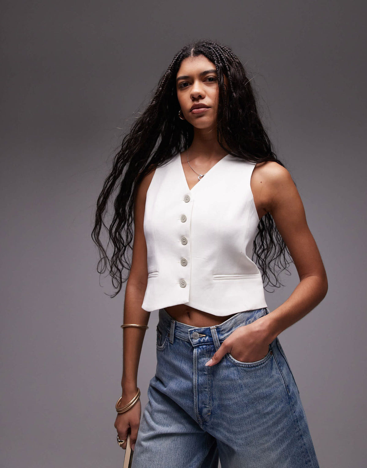 Topshop v neck cropped waistcoat in white - ASOS Sample Sale