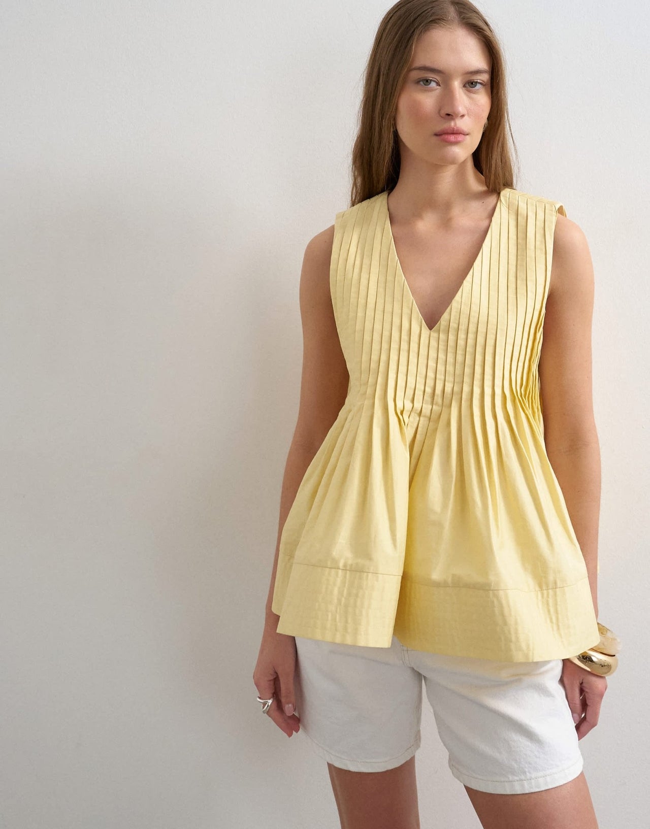 Topshop v neck pintuck detail a line top in lemon yellow - ASOS Sample Sale