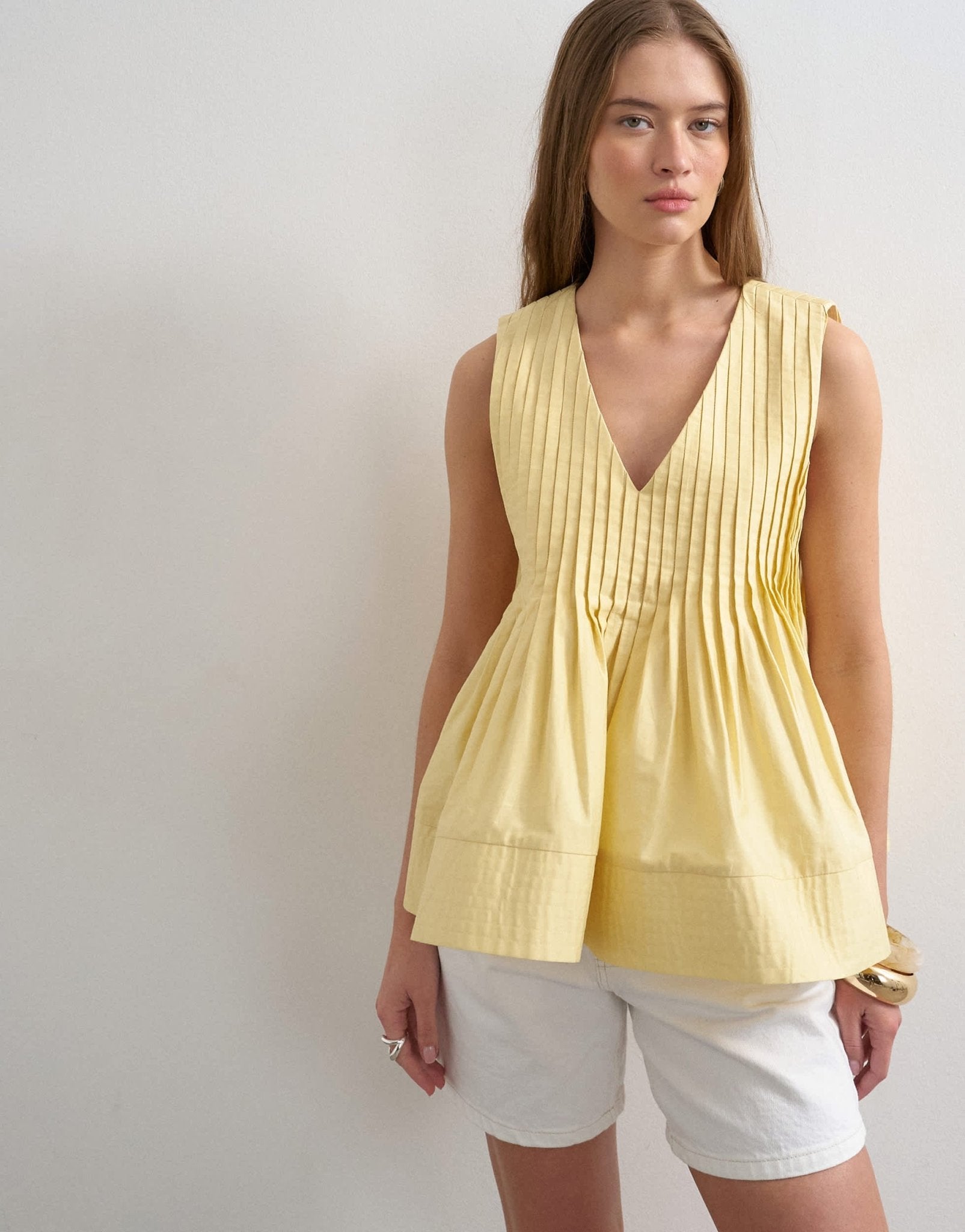 Topshop v neck pintuck detail a line top in lemon yellow - ASOS Sample Sale