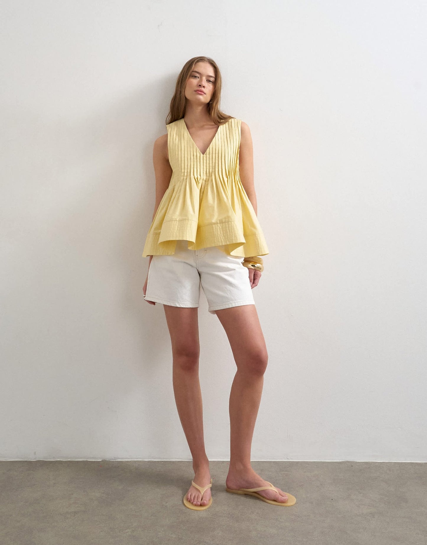 Topshop v neck pintuck detail a line top in lemon yellow - ASOS Sample Sale
