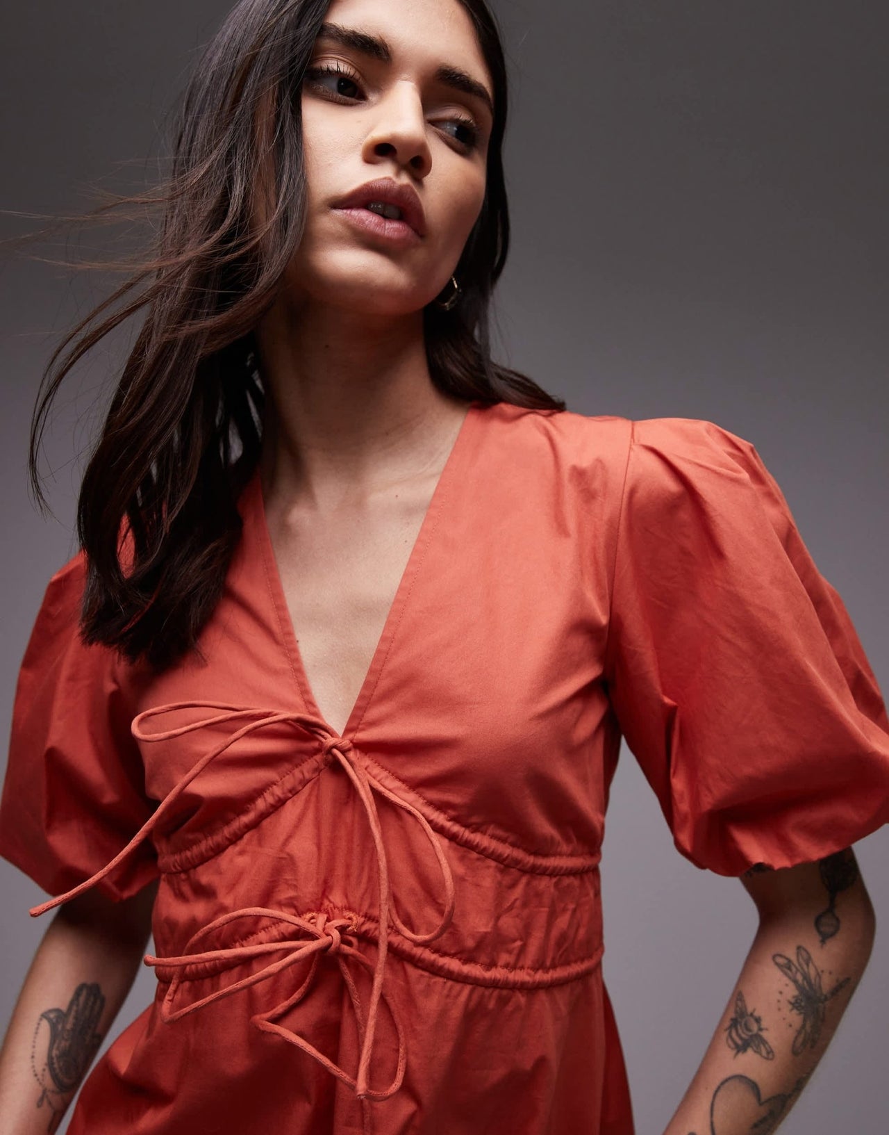 Topshop v neck puff sleeve mini dress in rust brown - ASOS Sample Sale