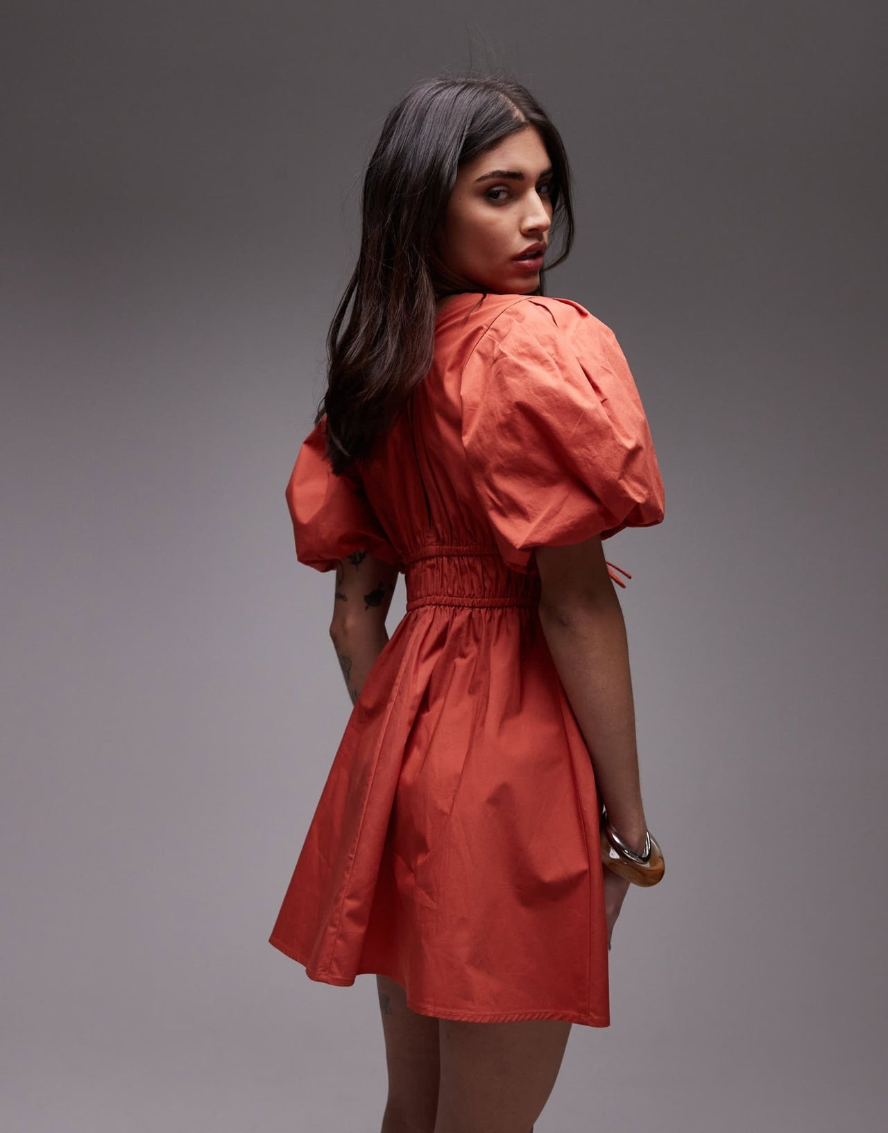Topshop v neck puff sleeve mini dress in rust brown - ASOS Sample Sale
