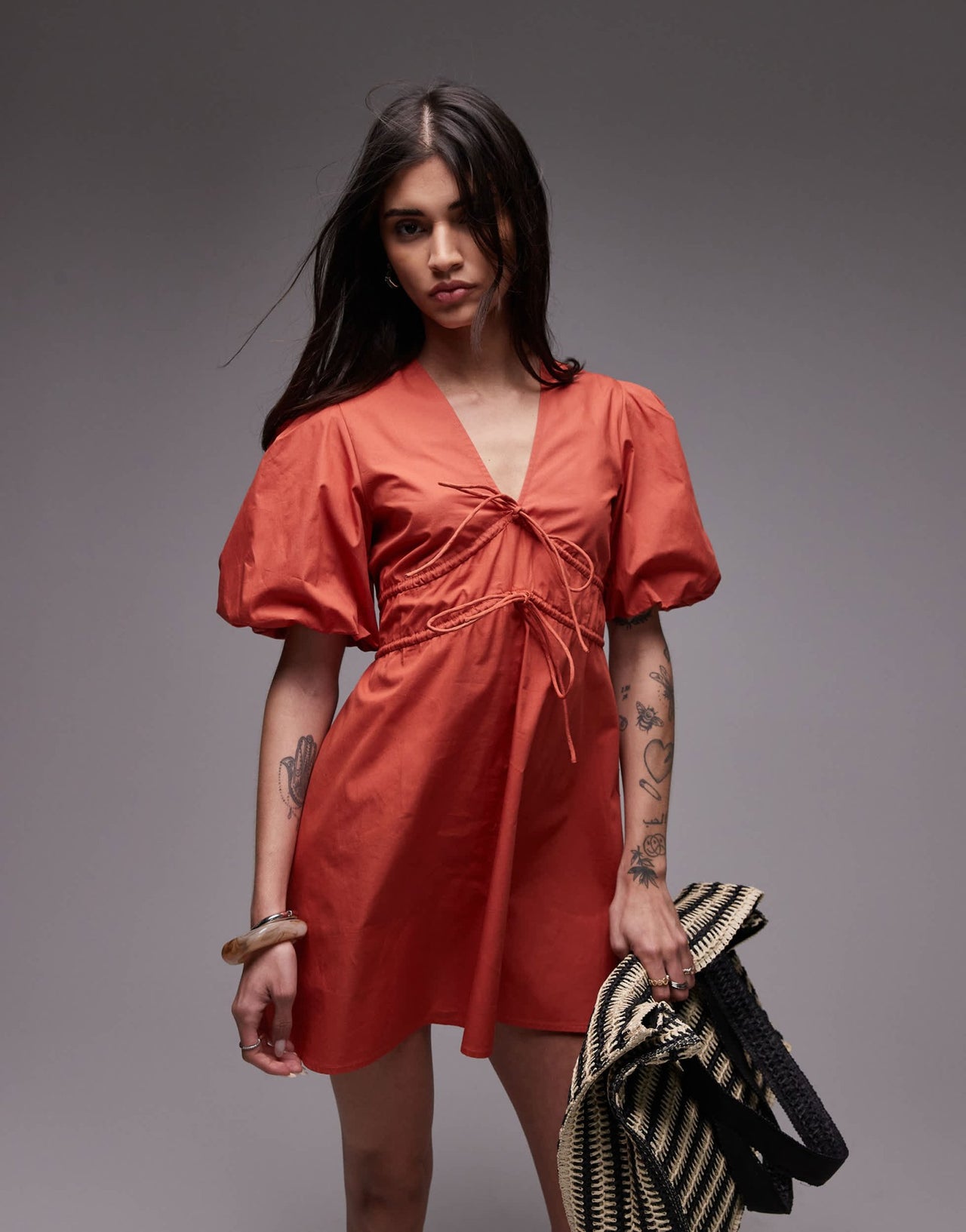 Topshop v neck puff sleeve mini dress in rust brown - ASOS Sample Sale