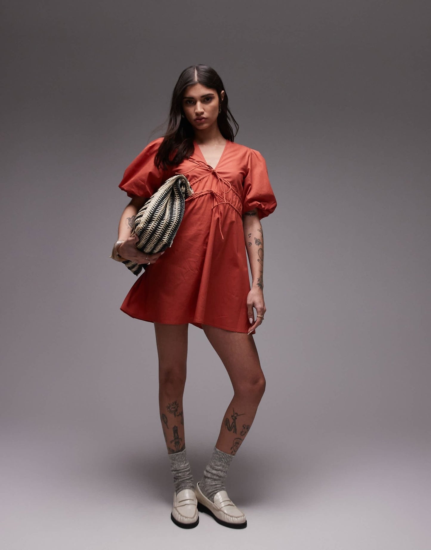 Topshop v neck puff sleeve mini dress in rust brown