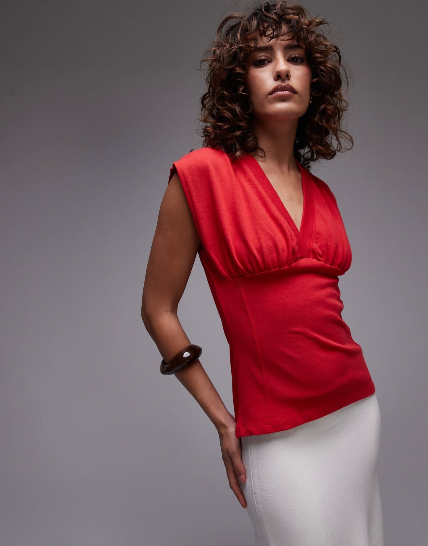 Topshop v-neck sleeveless structured top in red - ASOS Sample Sale