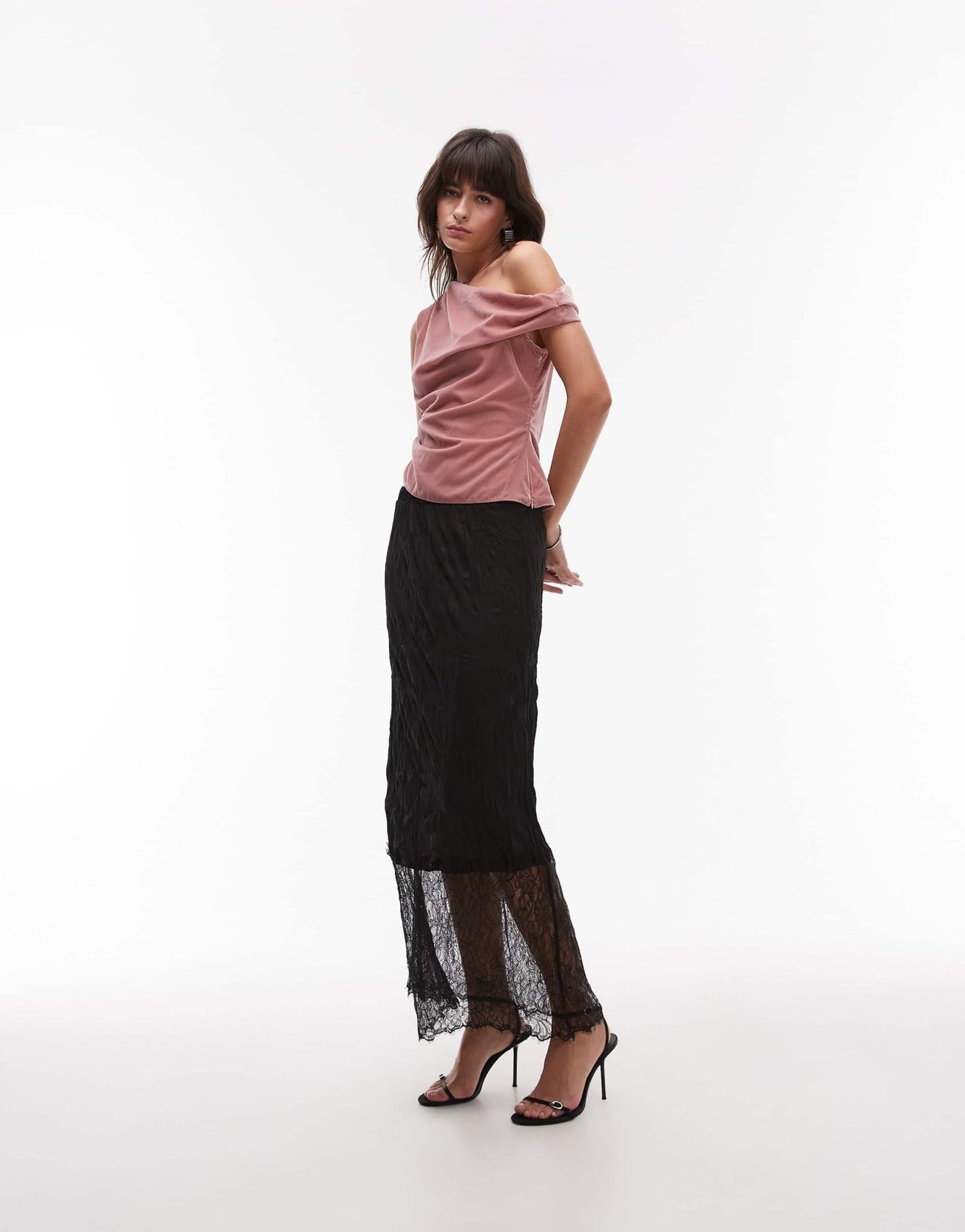 Topshop velvet asymmetric shoulder top in blush - ASOS Sample Sale
