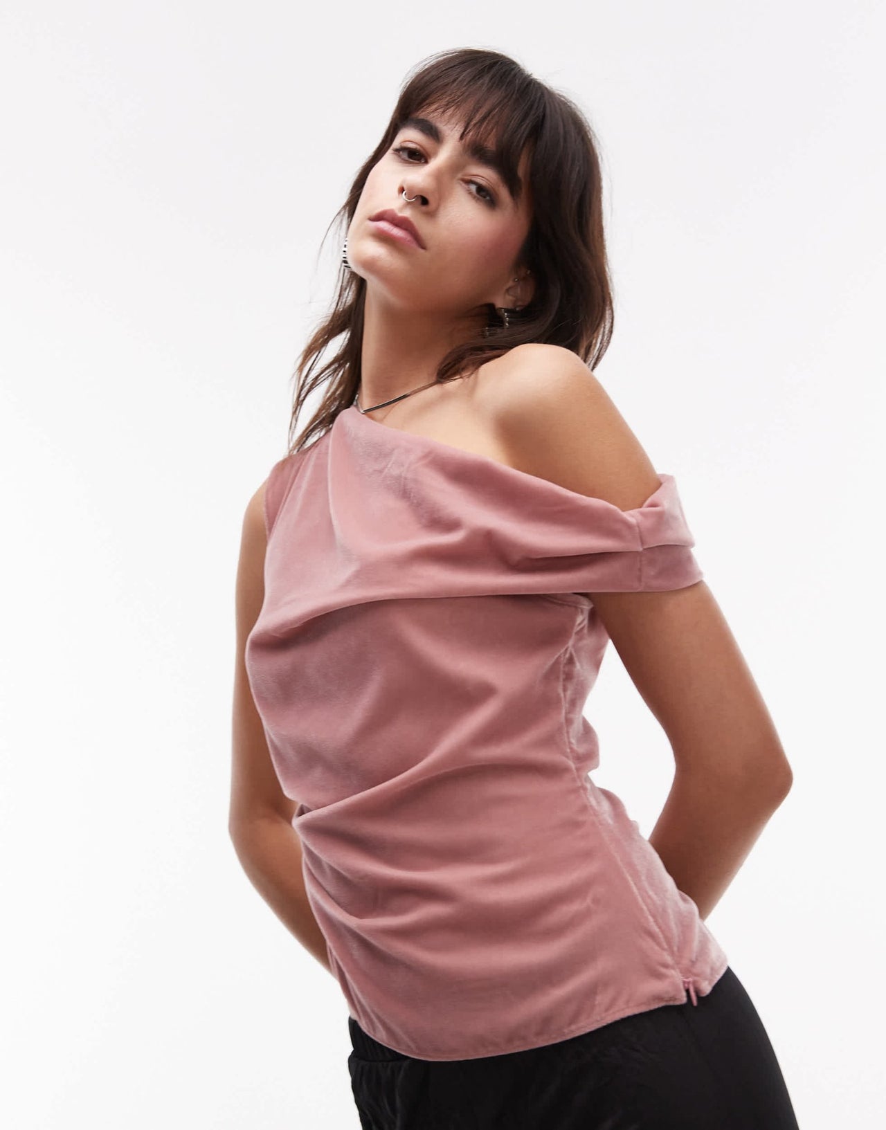 Topshop velvet asymmetric shoulder top in blush - ASOS Sample Sale