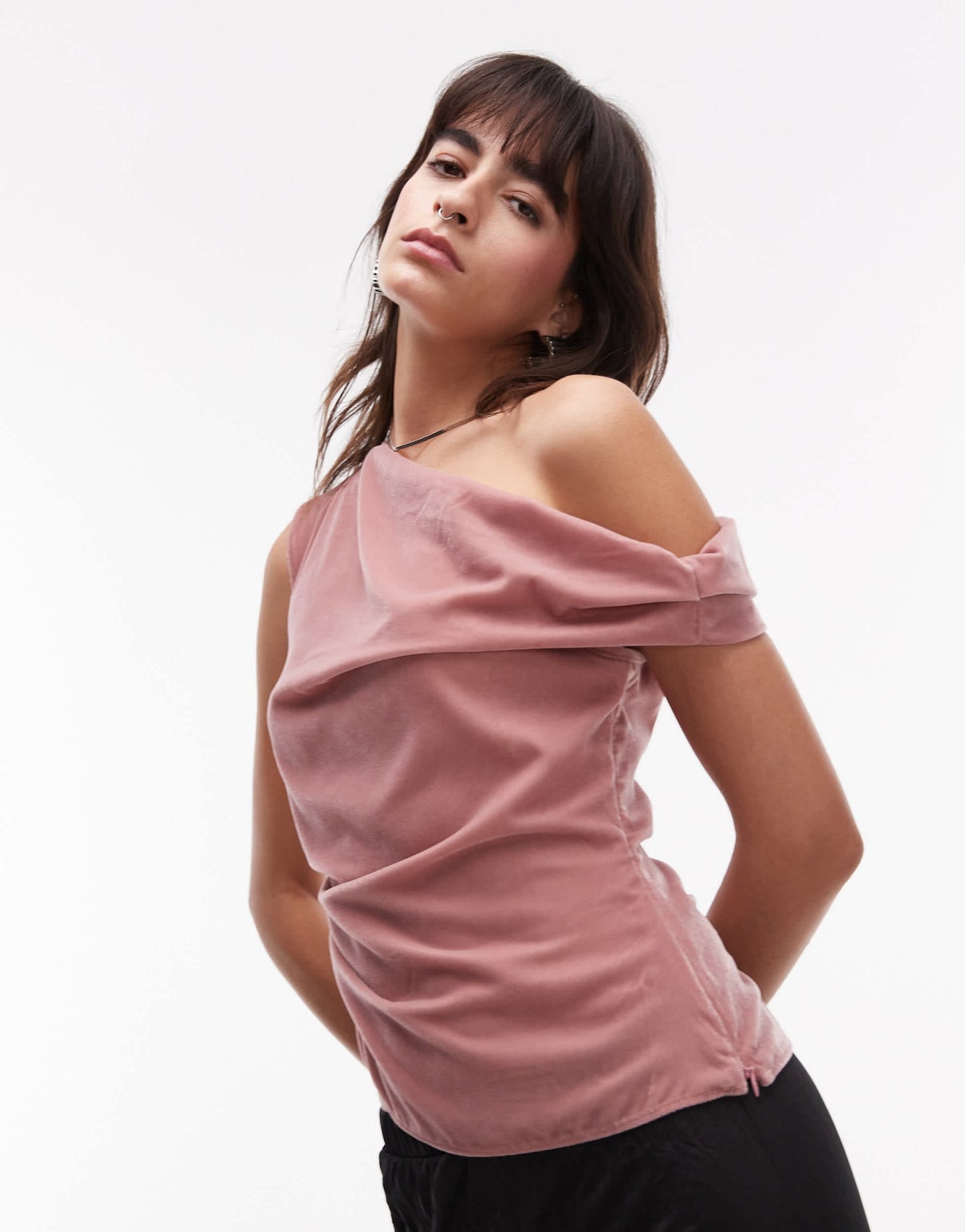 Topshop velvet asymmetric shoulder top in blush - ASOS Sample Sale