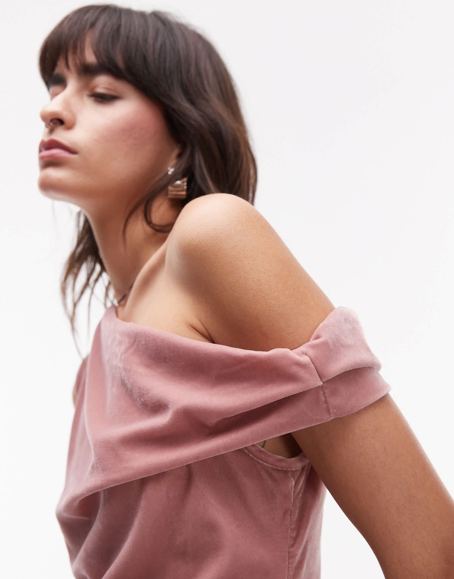 Topshop velvet asymmetric shoulder top in blush - ASOS Sample Sale